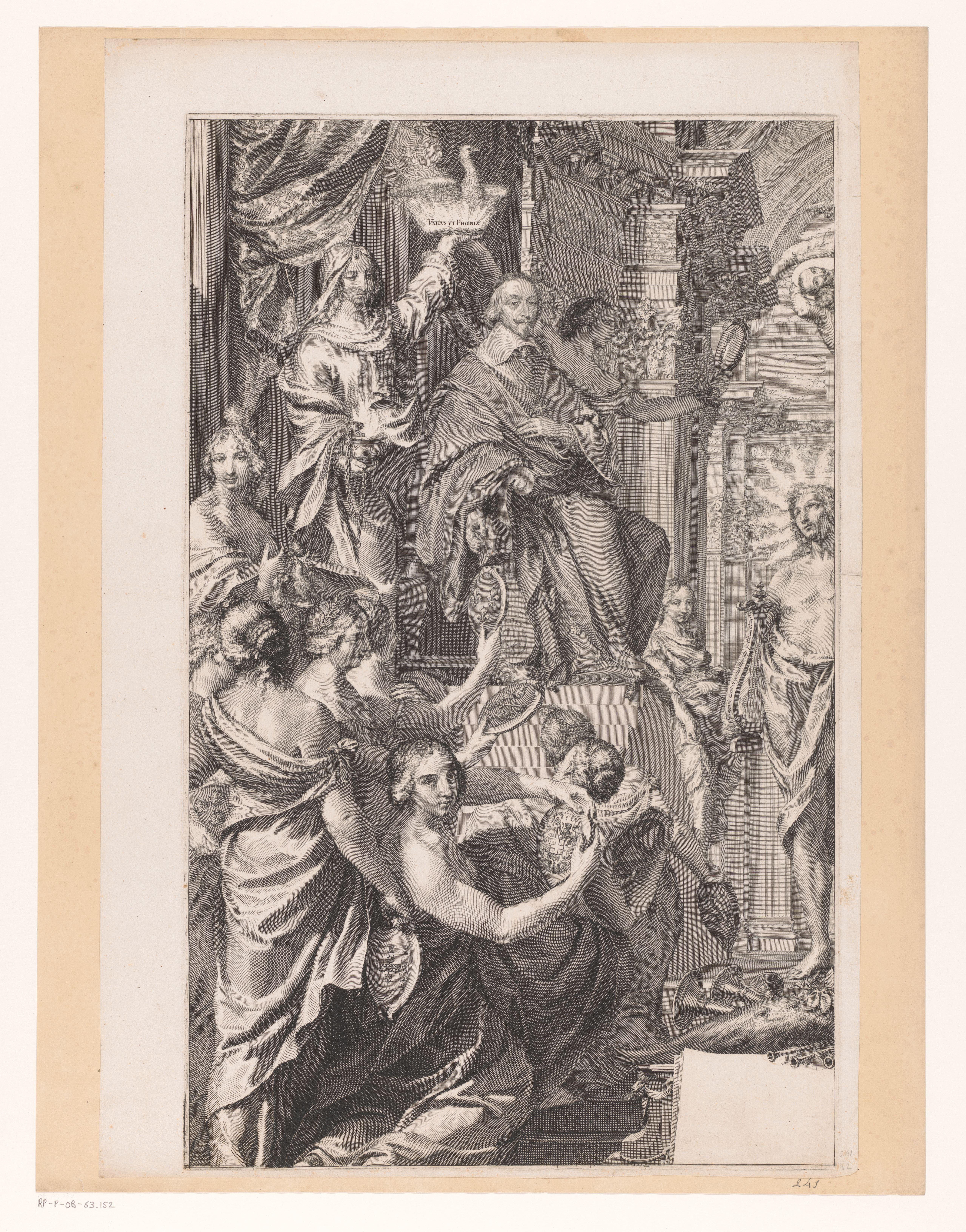 Allegorische voorstelling met Armand-Jean du Plessis hertog van Richelieu, in het gezelschap van Apollo en Neptunus (linker bovendeel)