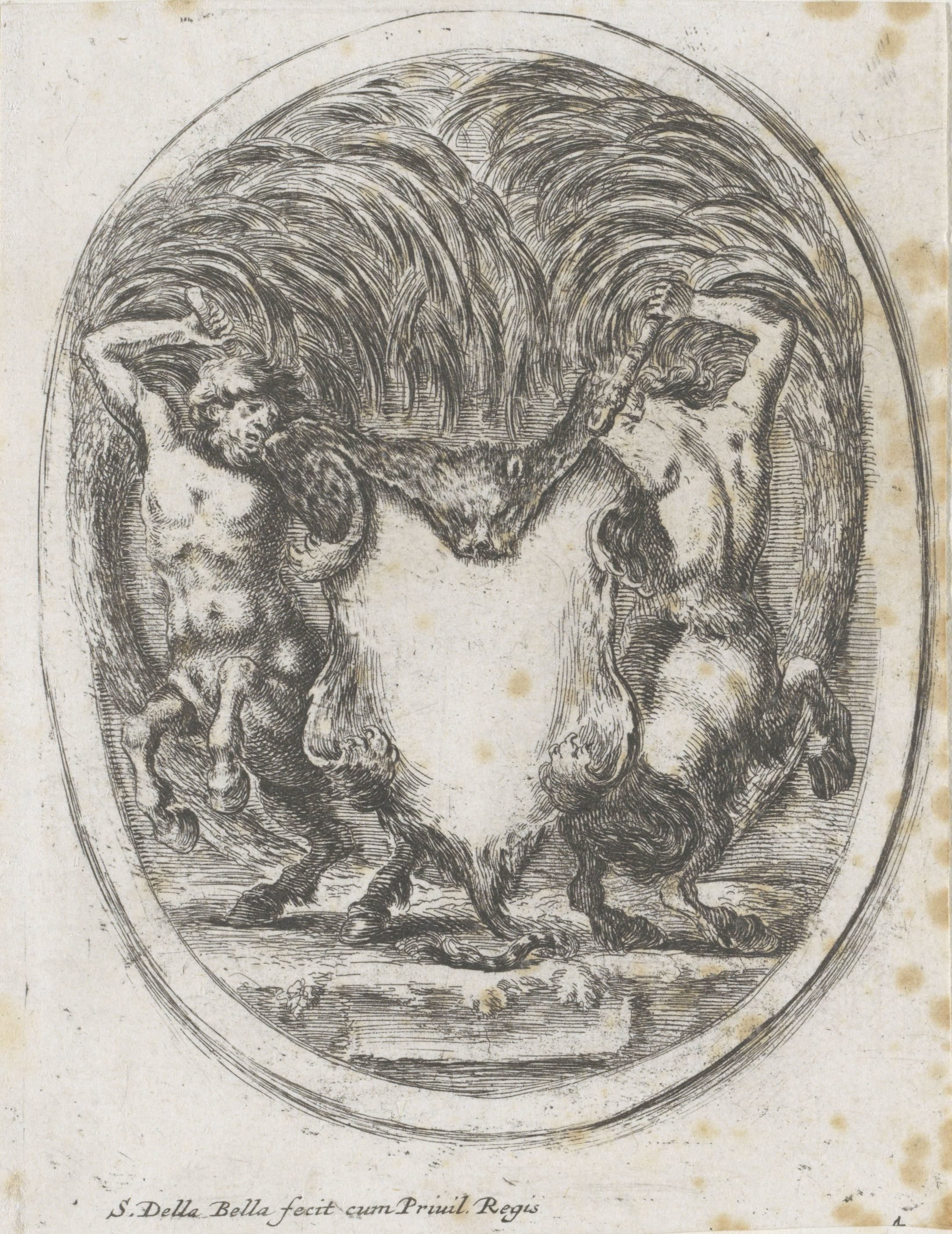 Cartouche met twee centauren die een pantervel ophouden