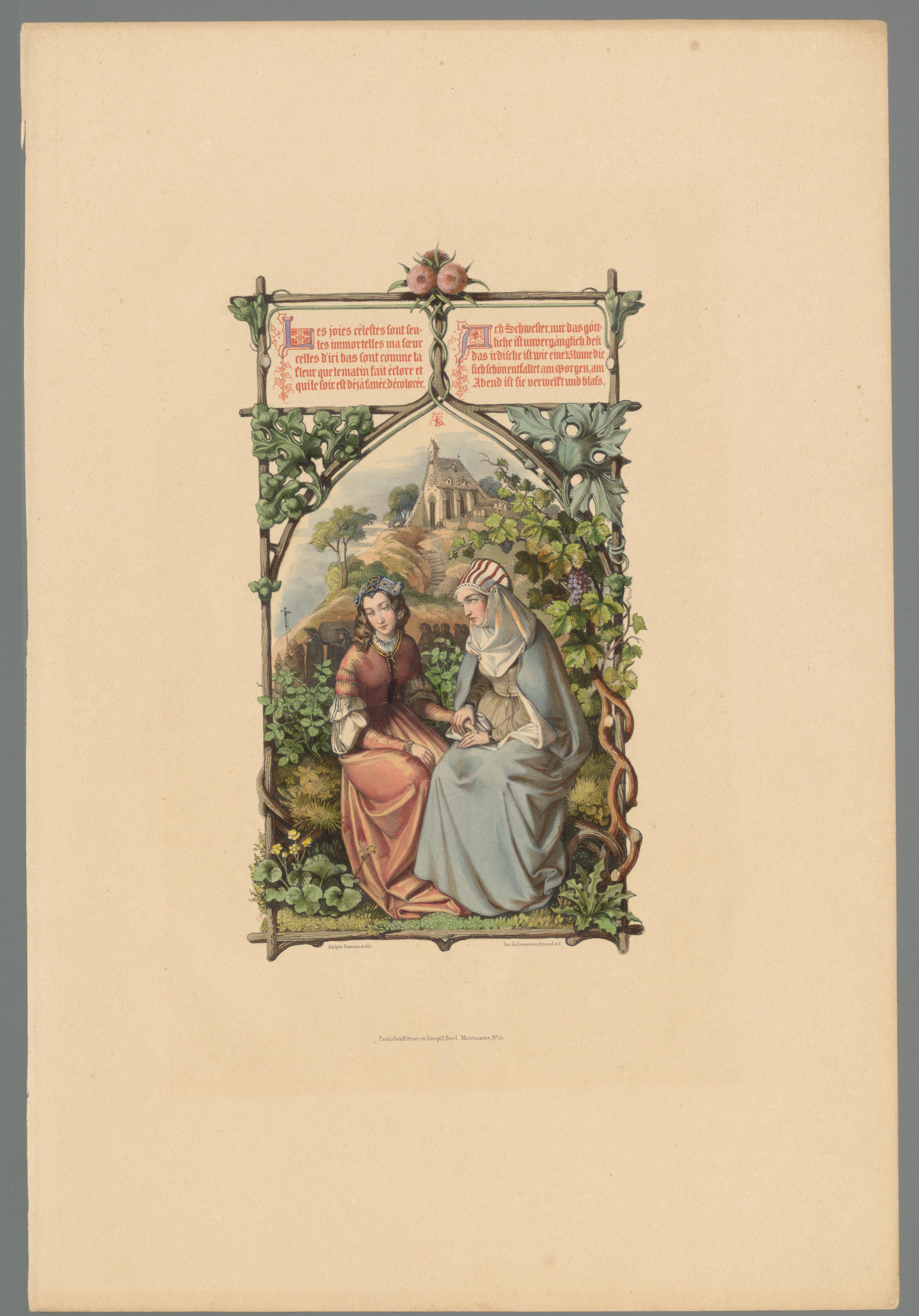 Twee vrouwen gezeten in een landschap met kerk