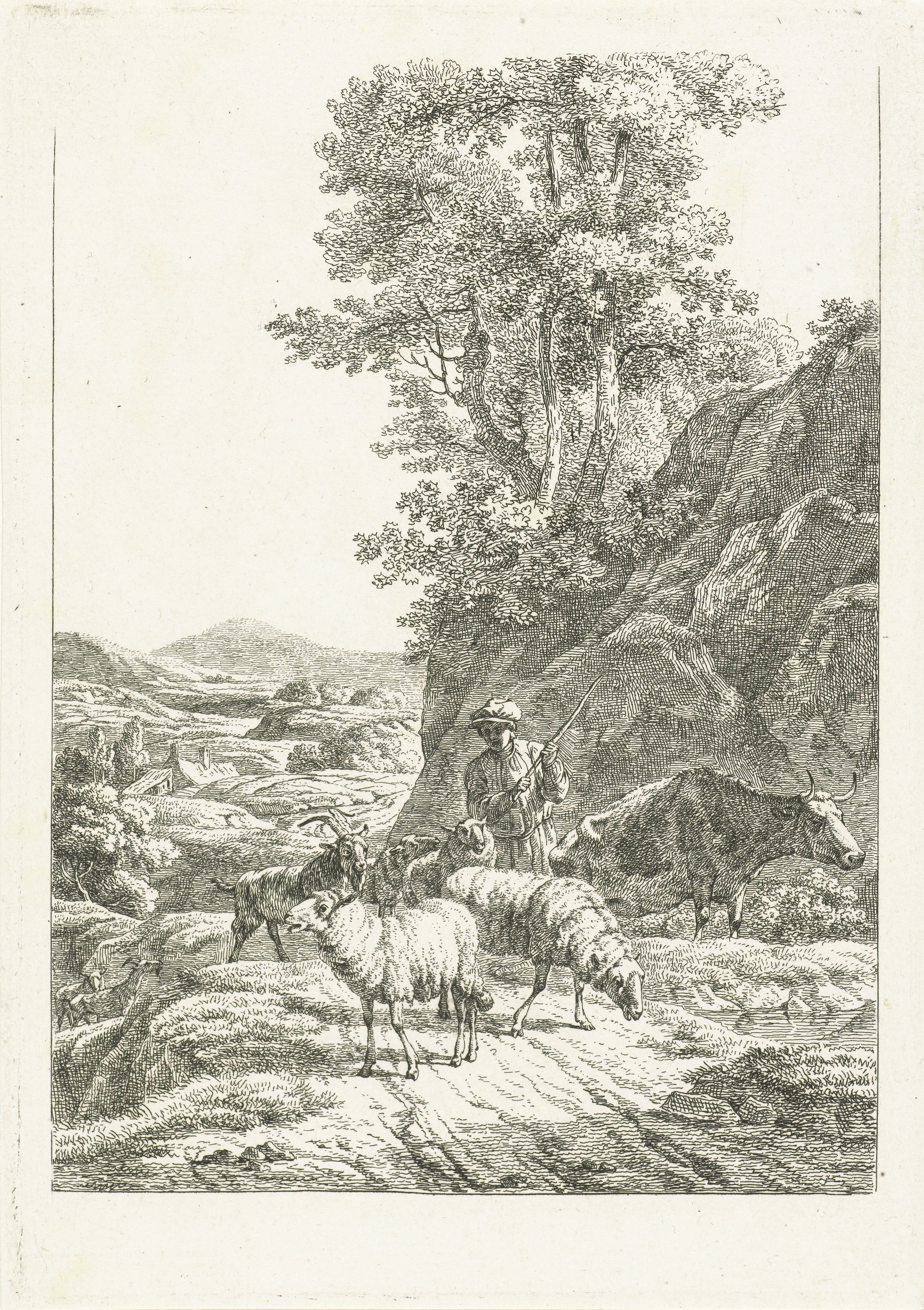 Herder met kudde op bergpad