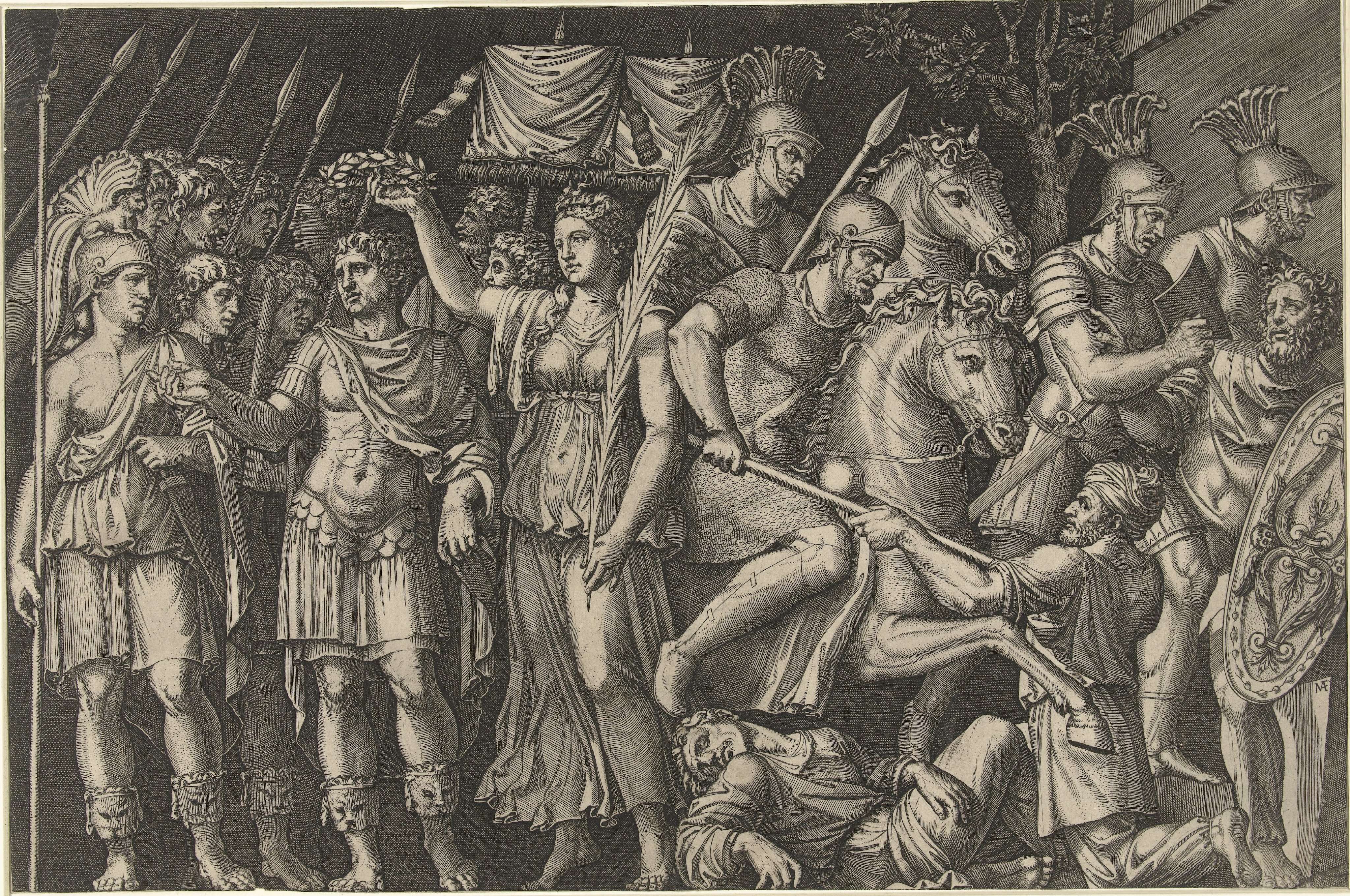 Keizer Trajanus gekroond door Victoria staat naast vrouwelijke personificatie van Rome en Romeinen in gevecht met Daciërs