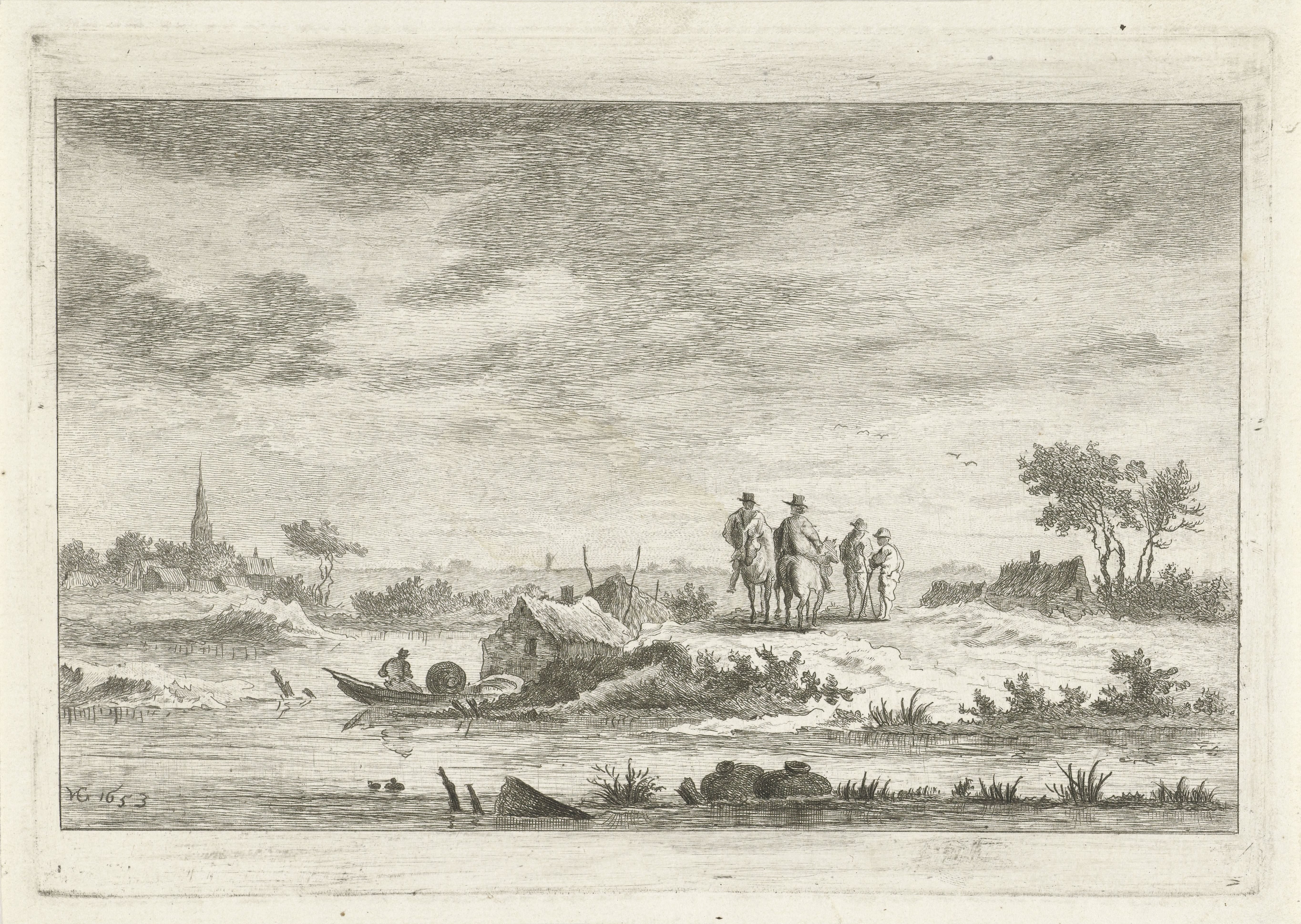 Reizigers in een rivierlandschap