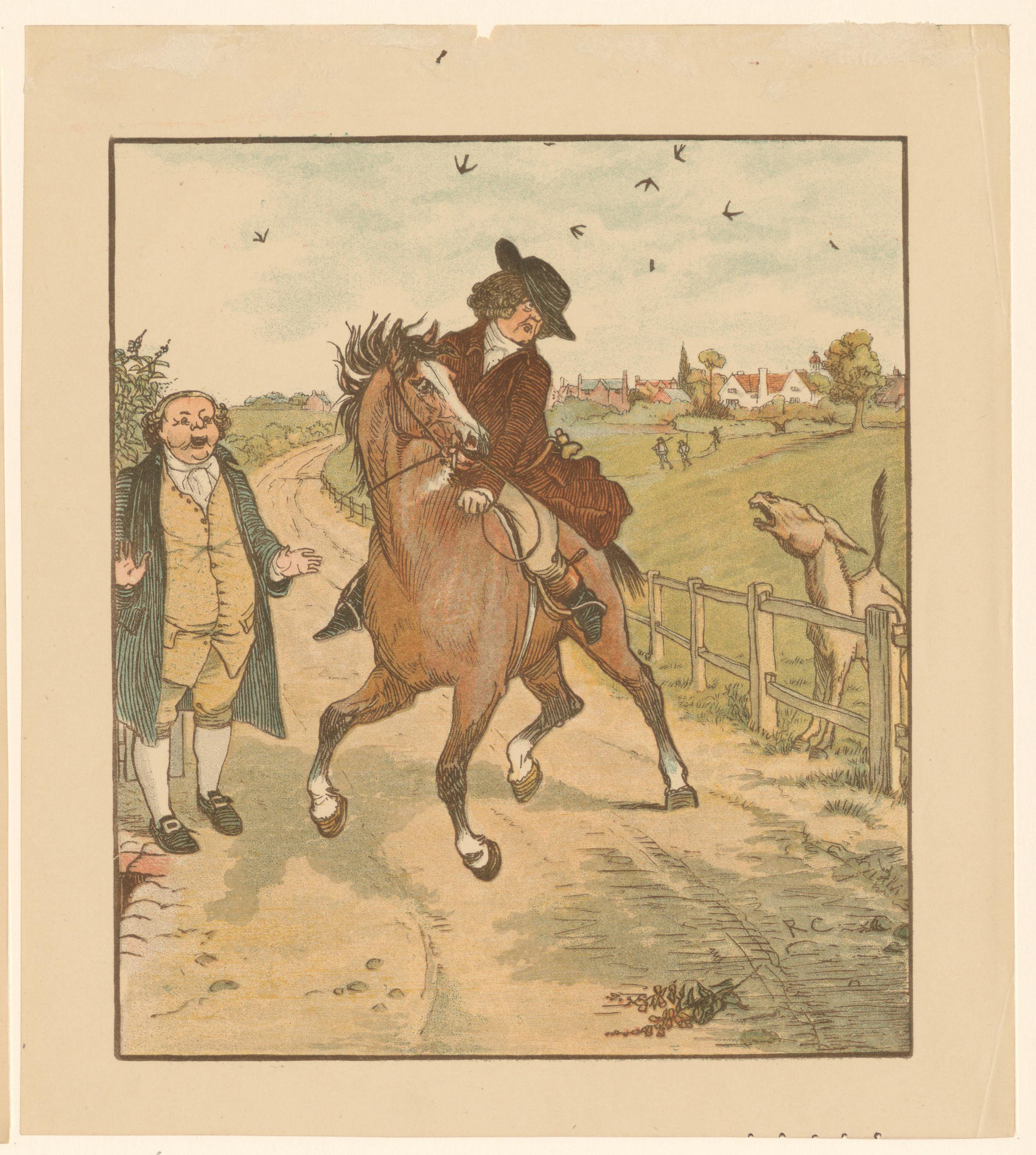 Man op een paard draait zich om naar een balkende ezel