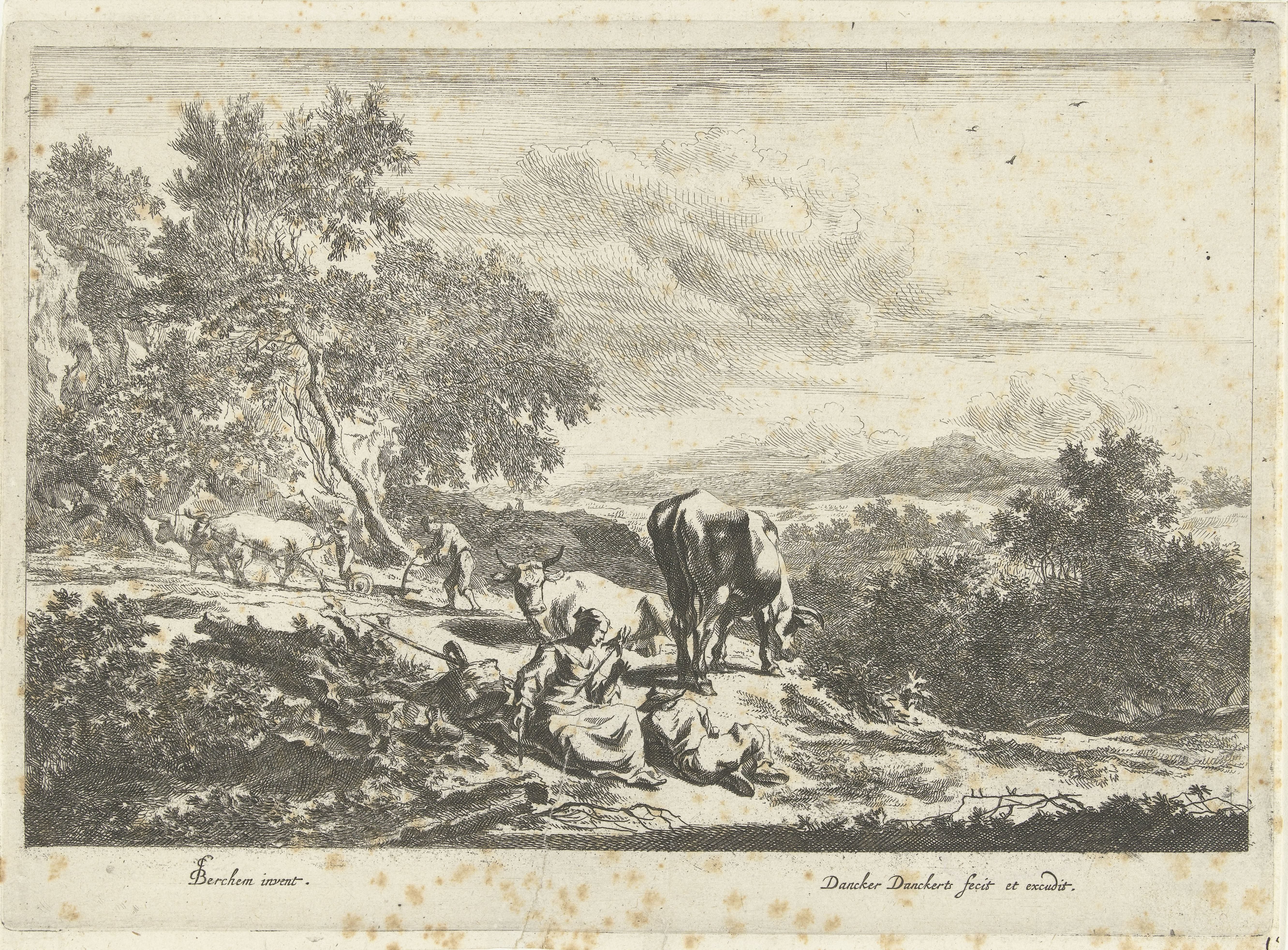Italiaans landschap met spinnende vrouw en ploegende boer