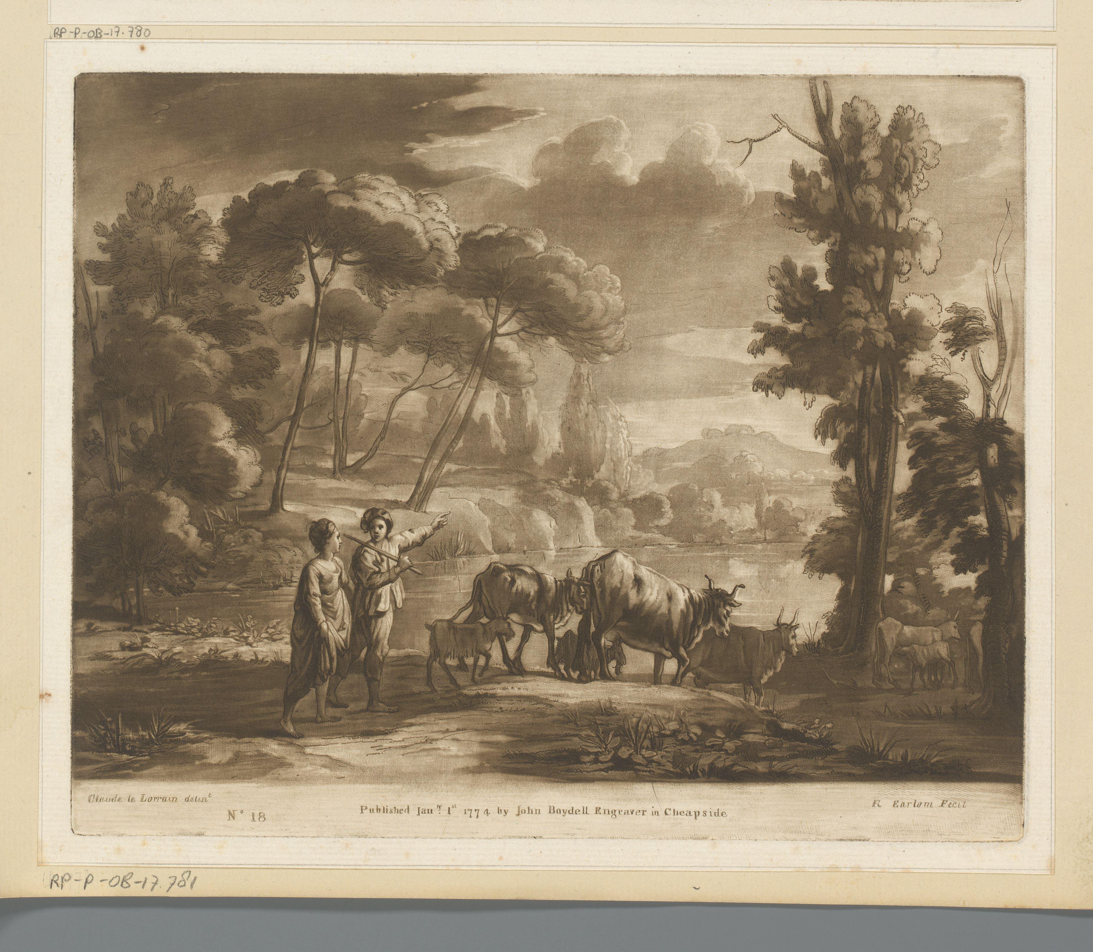 Landschap met meer en twee herders met vee