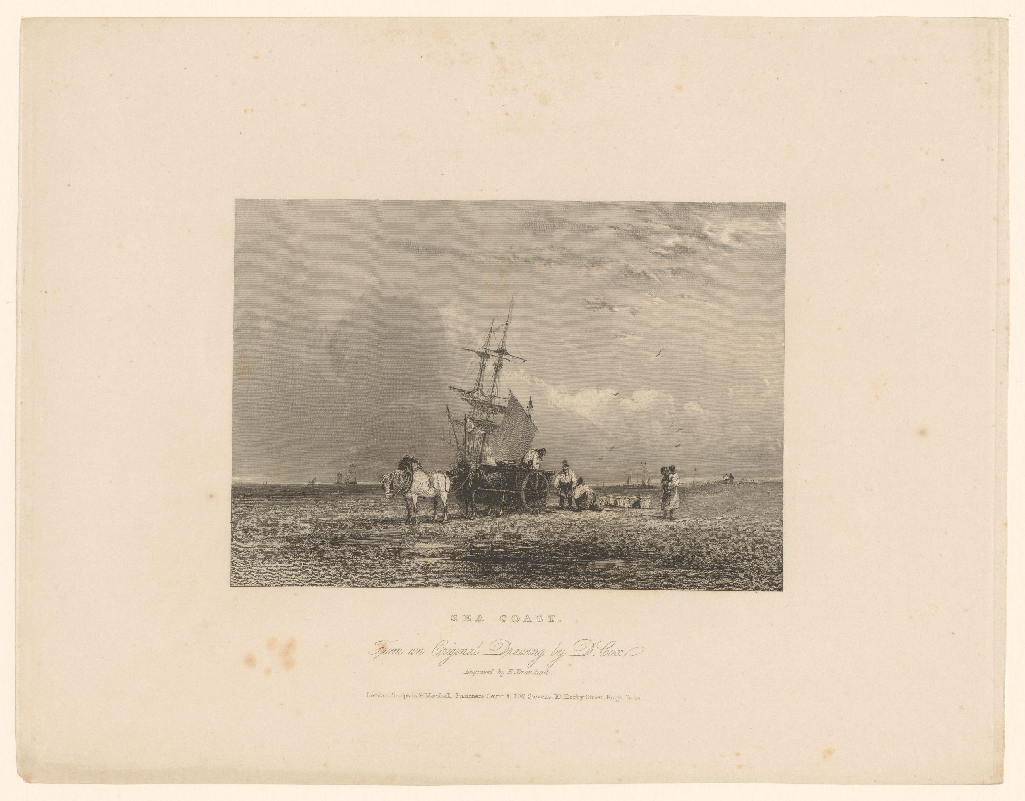 Strandgezicht met zeilschip en paardenwagen