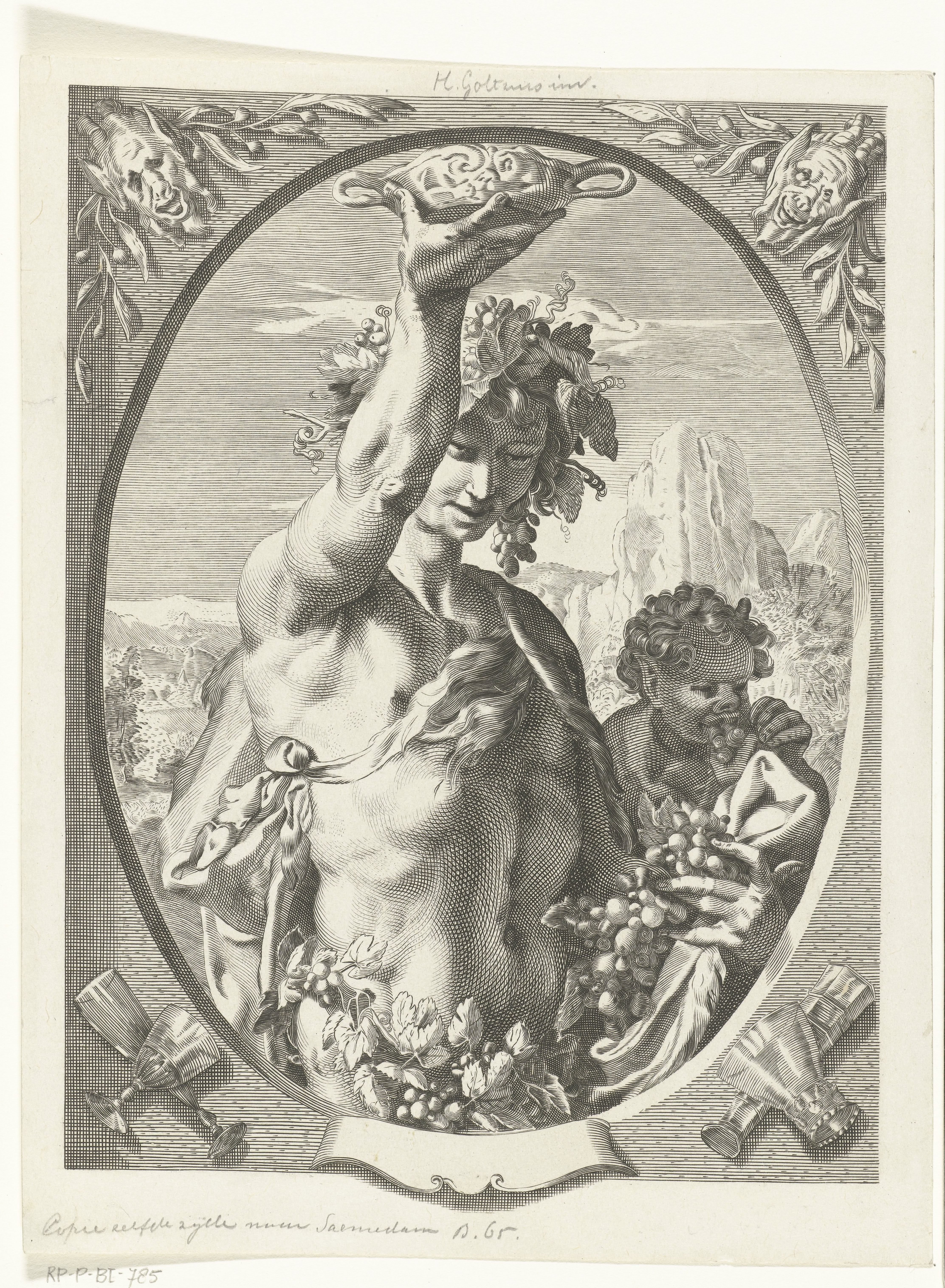 Bacchus met drinkschaal en druiventrossen