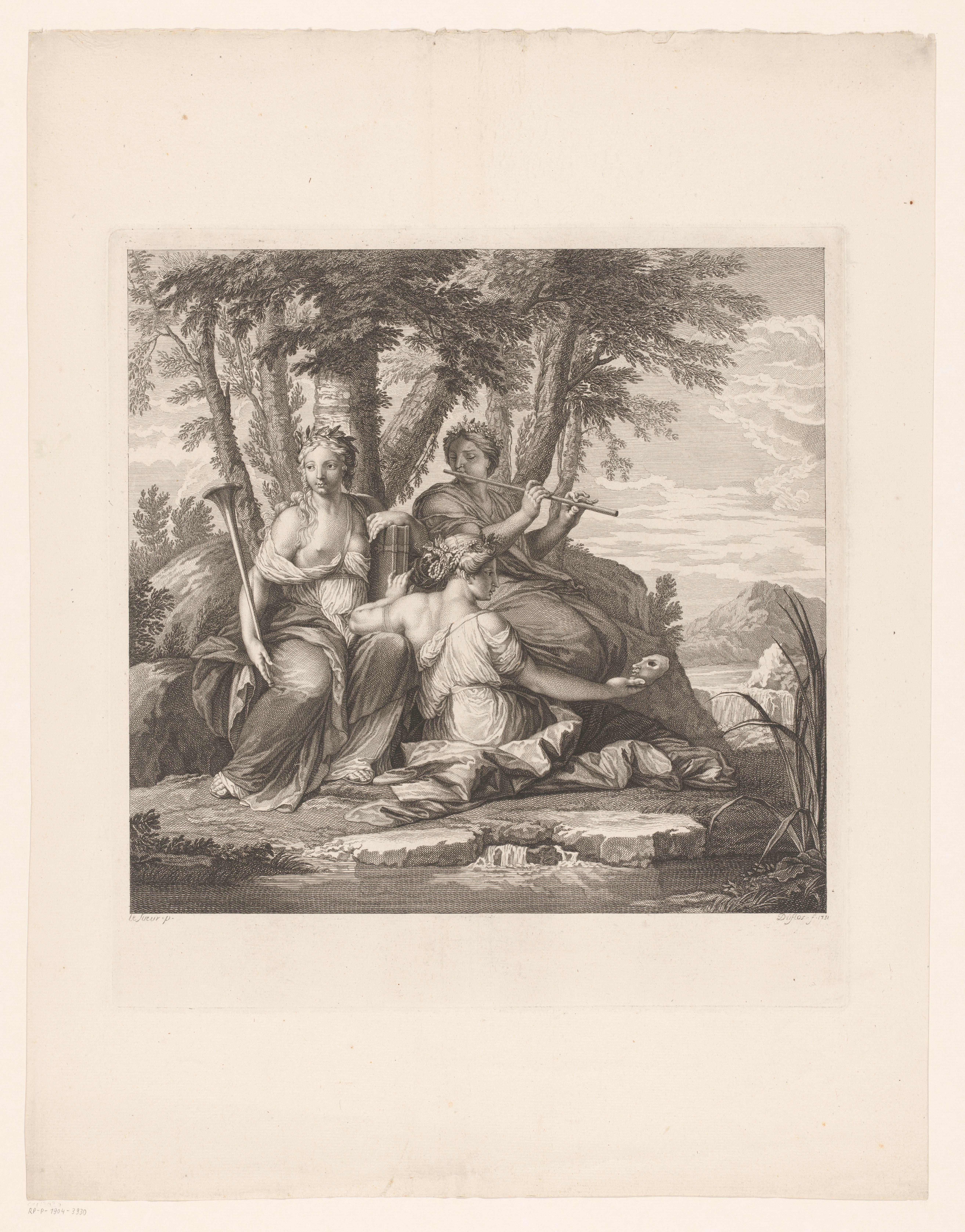 Muzen Clio, Thalia en Euterpe in een landschap