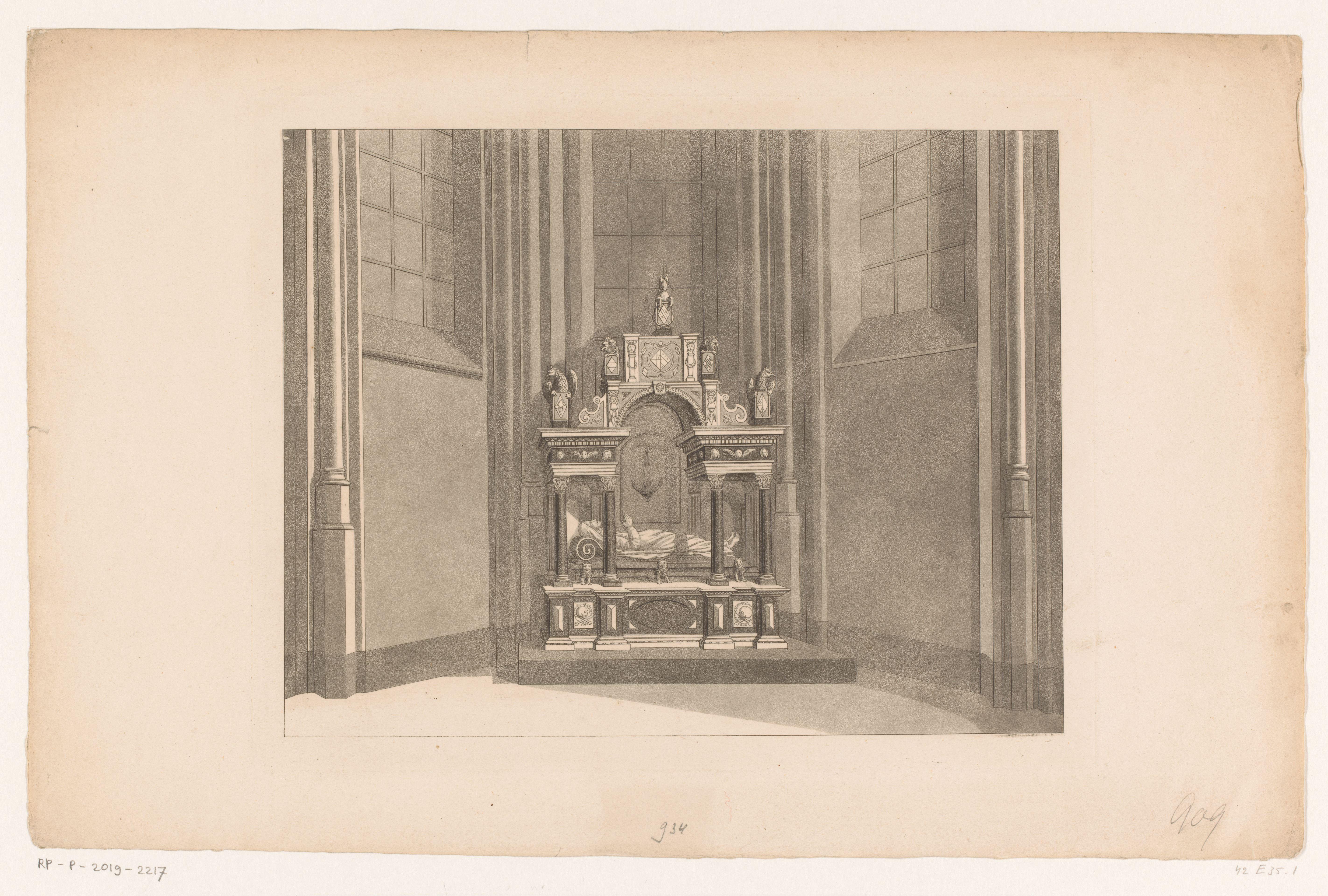 Kerkinterieur met gisant