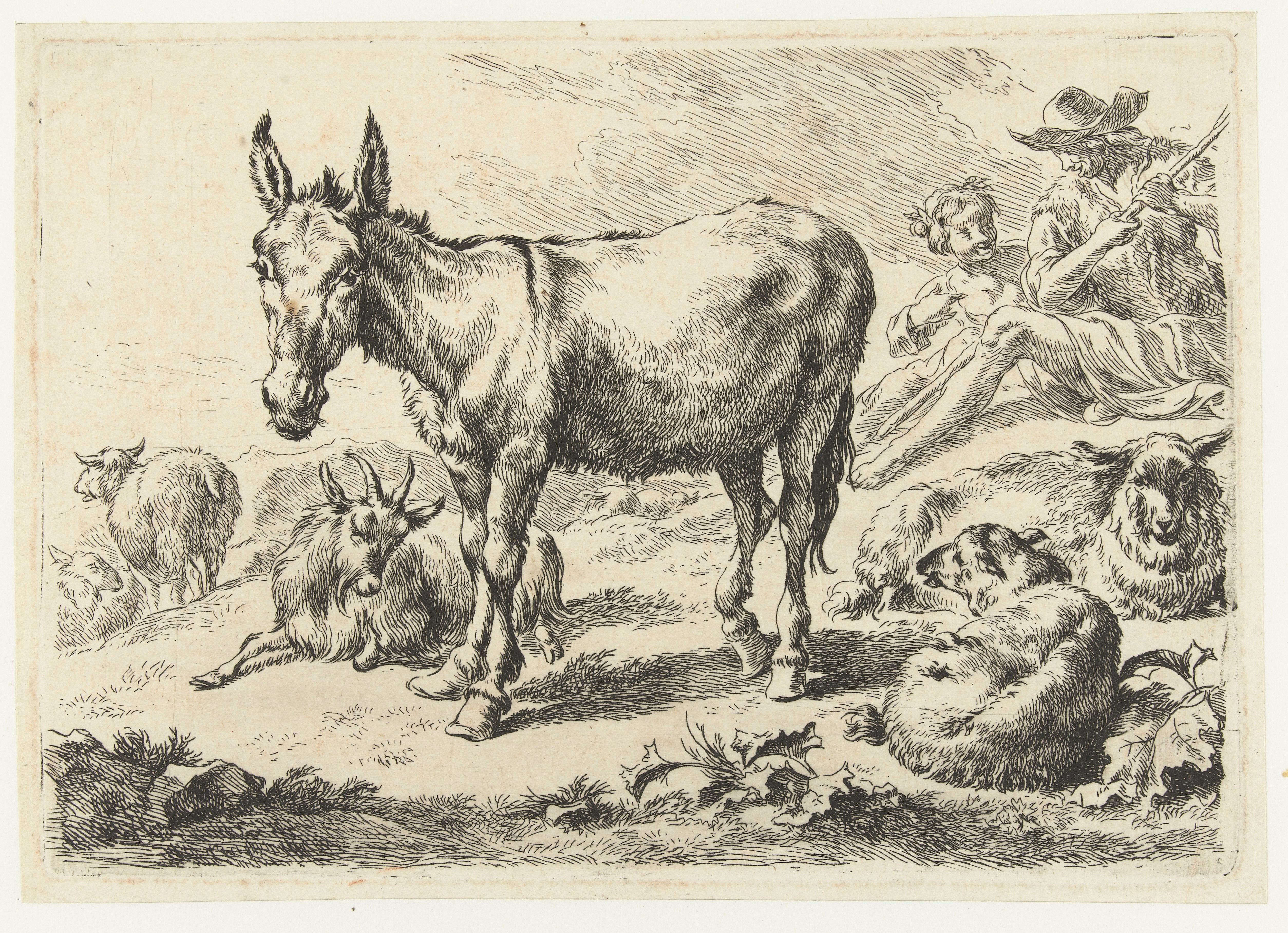 Landschap met ezel, schapen, geit en herders