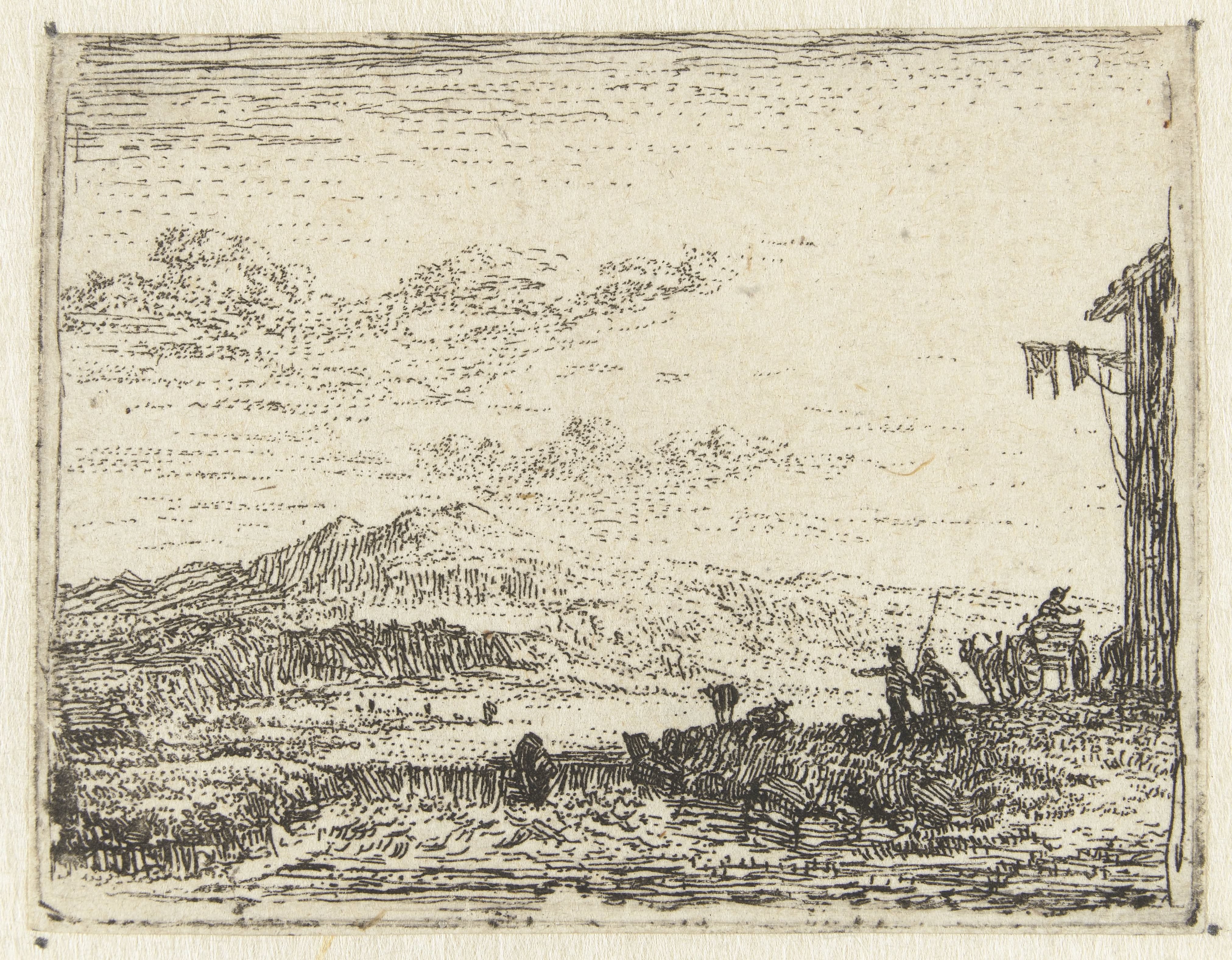 Italianiserend landschap met wagen bij herberg