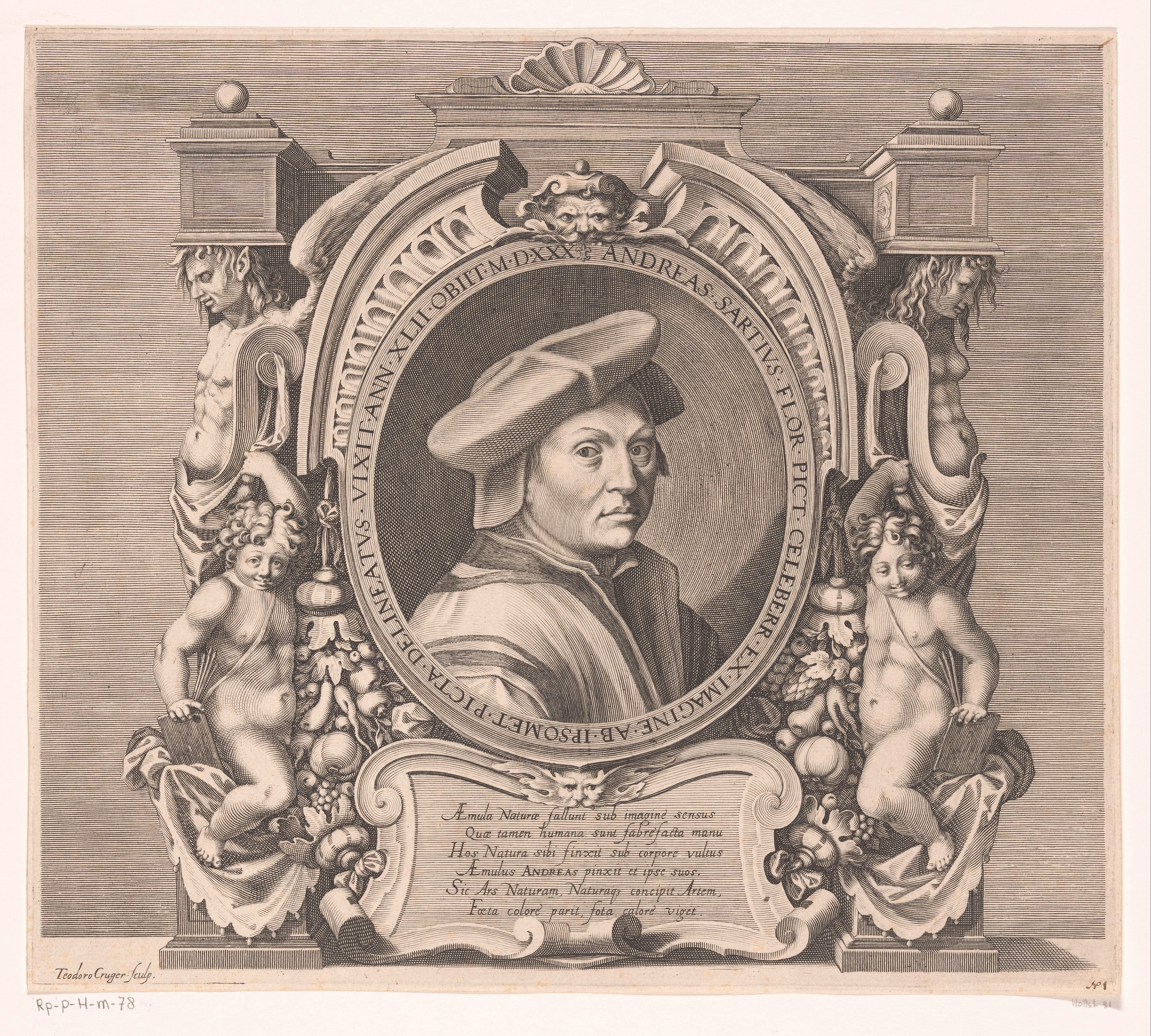 Portret van Andrea del Sarto op 42-jarige leeftijd in geornamenteerde omlijsting