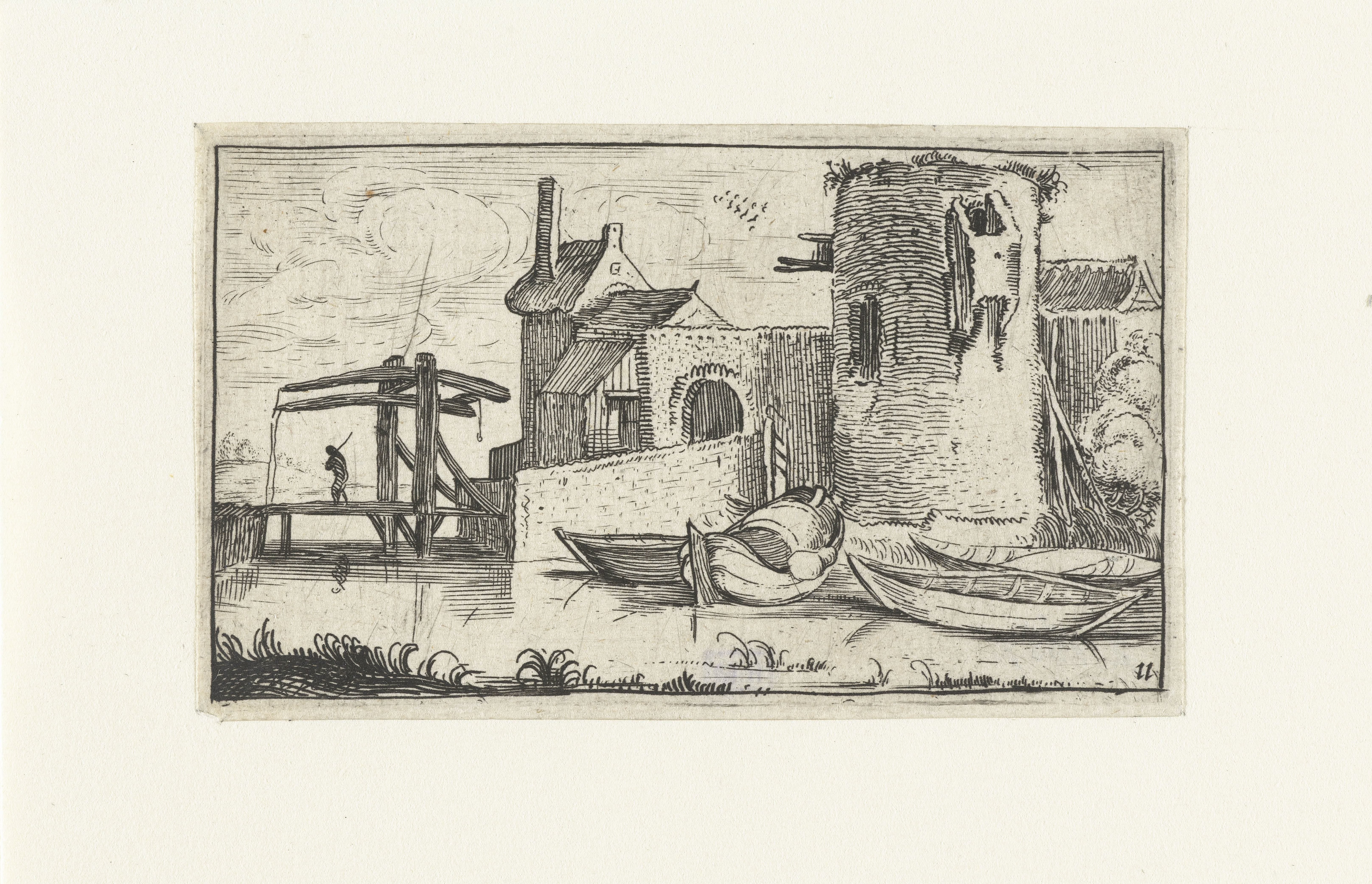 Gebouw met vervallen toren bij een ophaalbrug