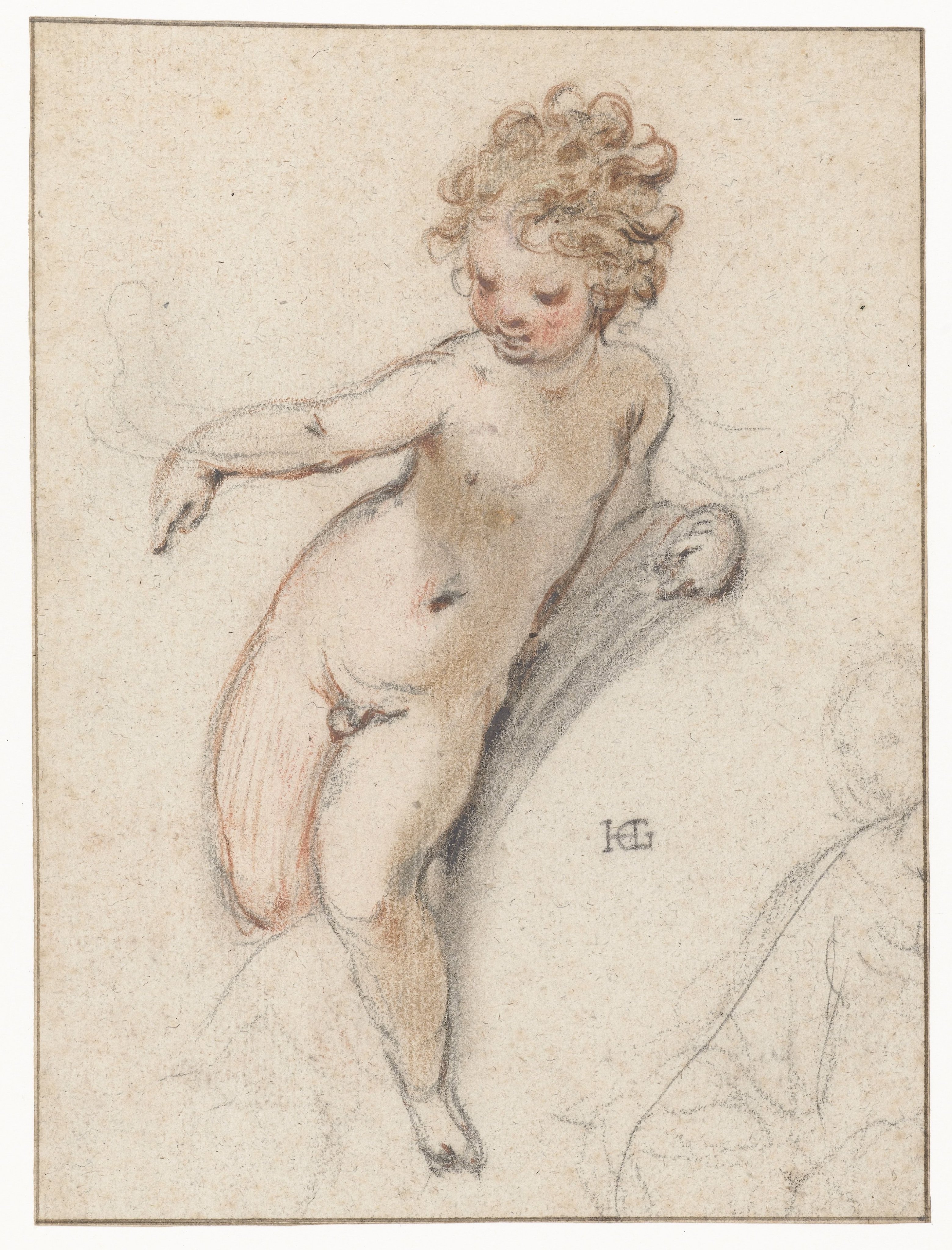 Studie voor het Christuskind, staande op de schoot van de maagd Maria.