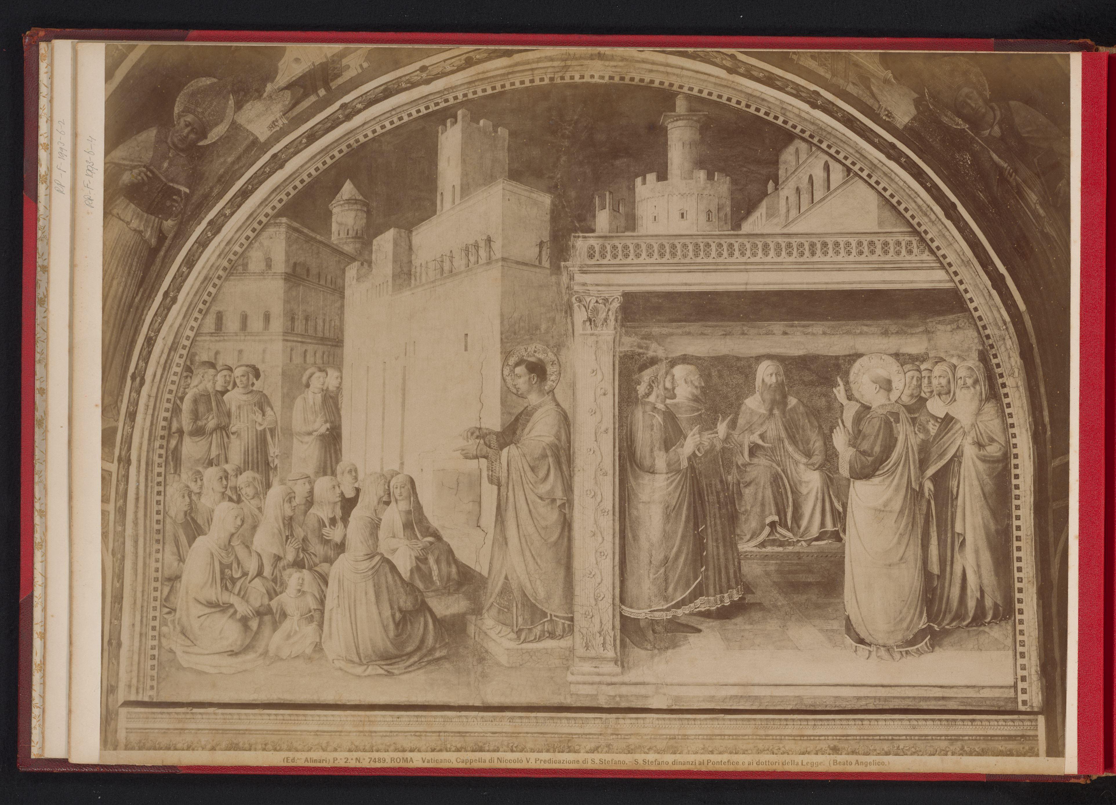 Fotoreproductie van fresco Prediking van de heilige Stefanus en De heilige Stefano voor de hogepriester en de wetsgeleerden, door Fra Angelico, Kapel van Nicolaas V, Vaticaan