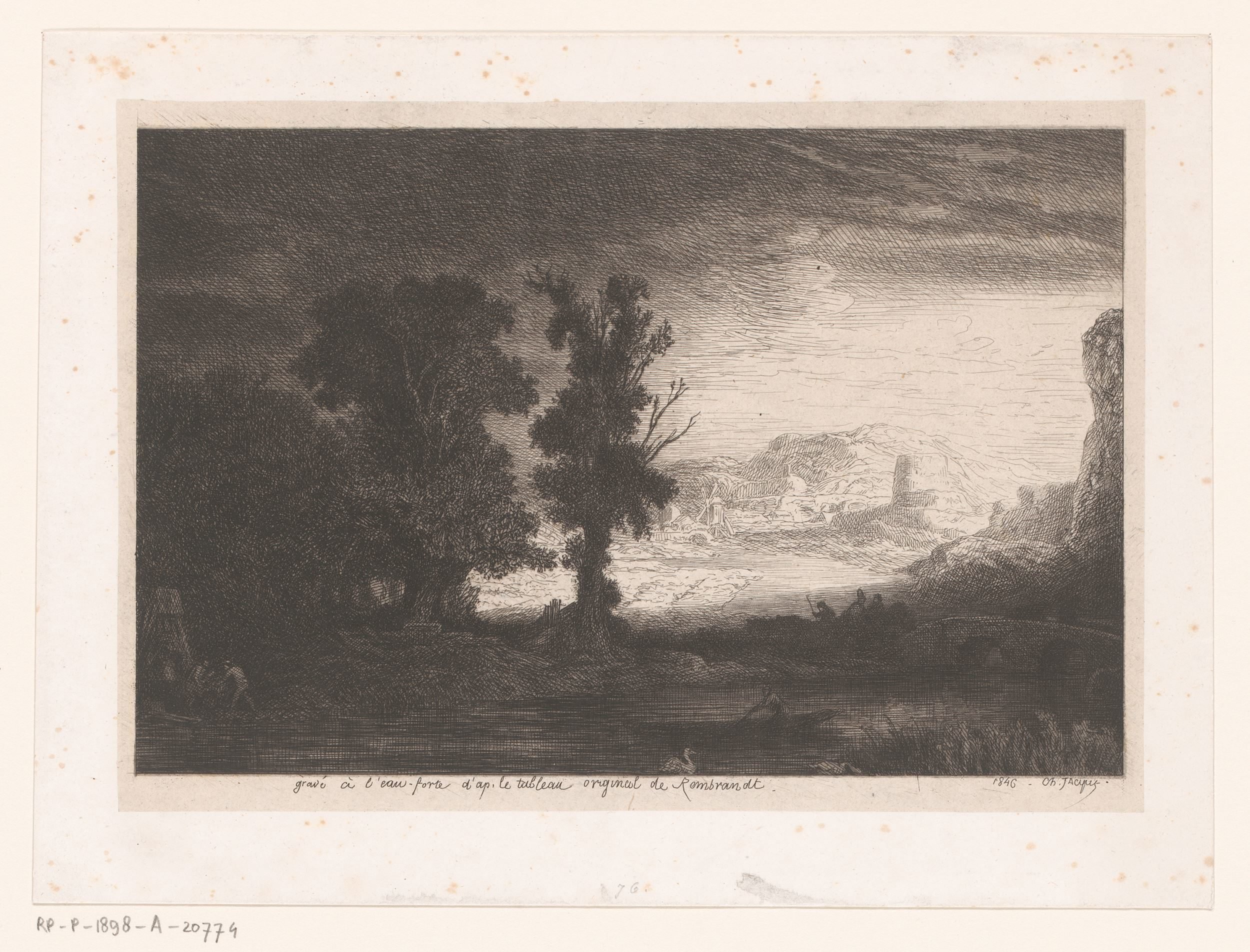 Rivierlandschap met een brug en bomen, op de achtergrond een molen