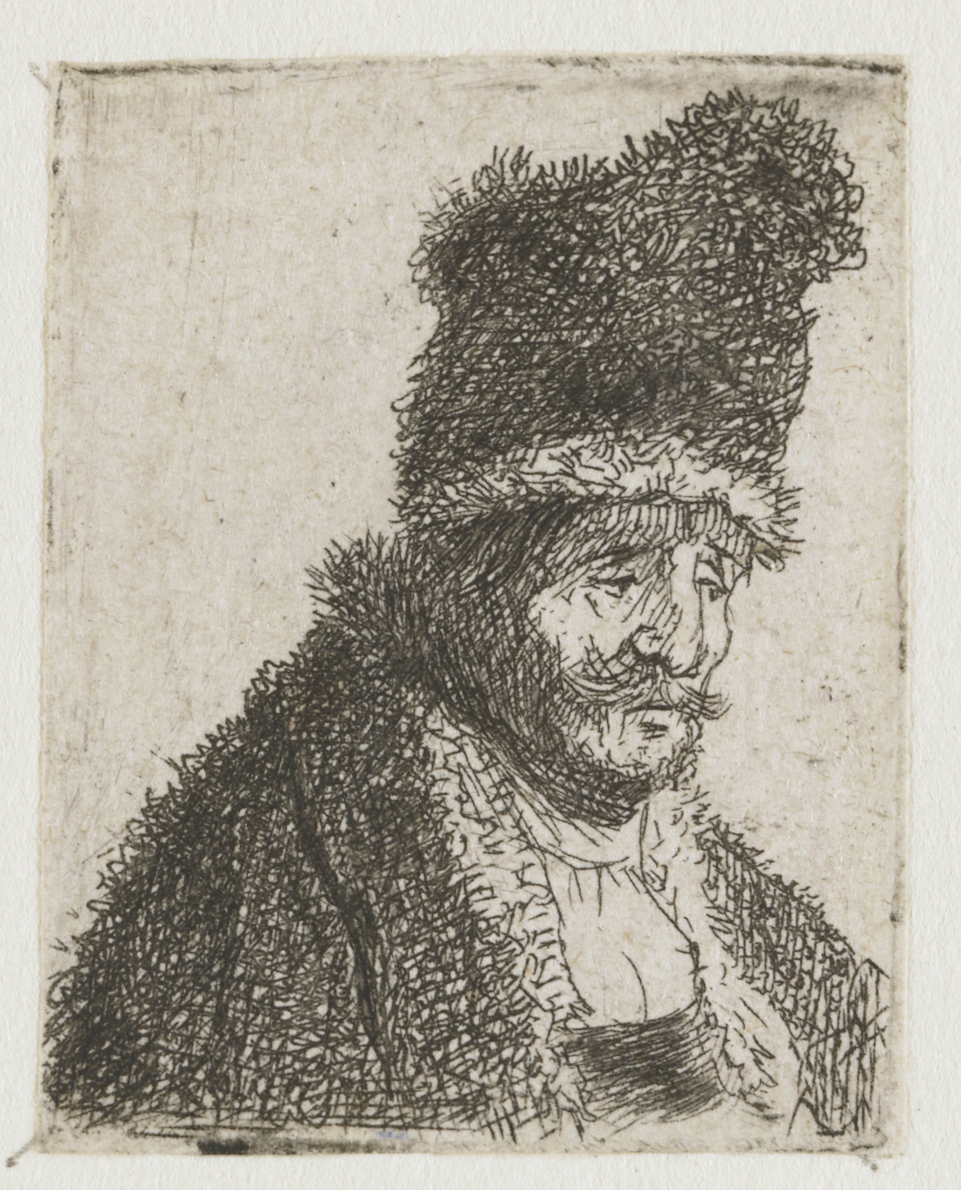 Sheet of studies of men's head: old man in fur coat and high cap