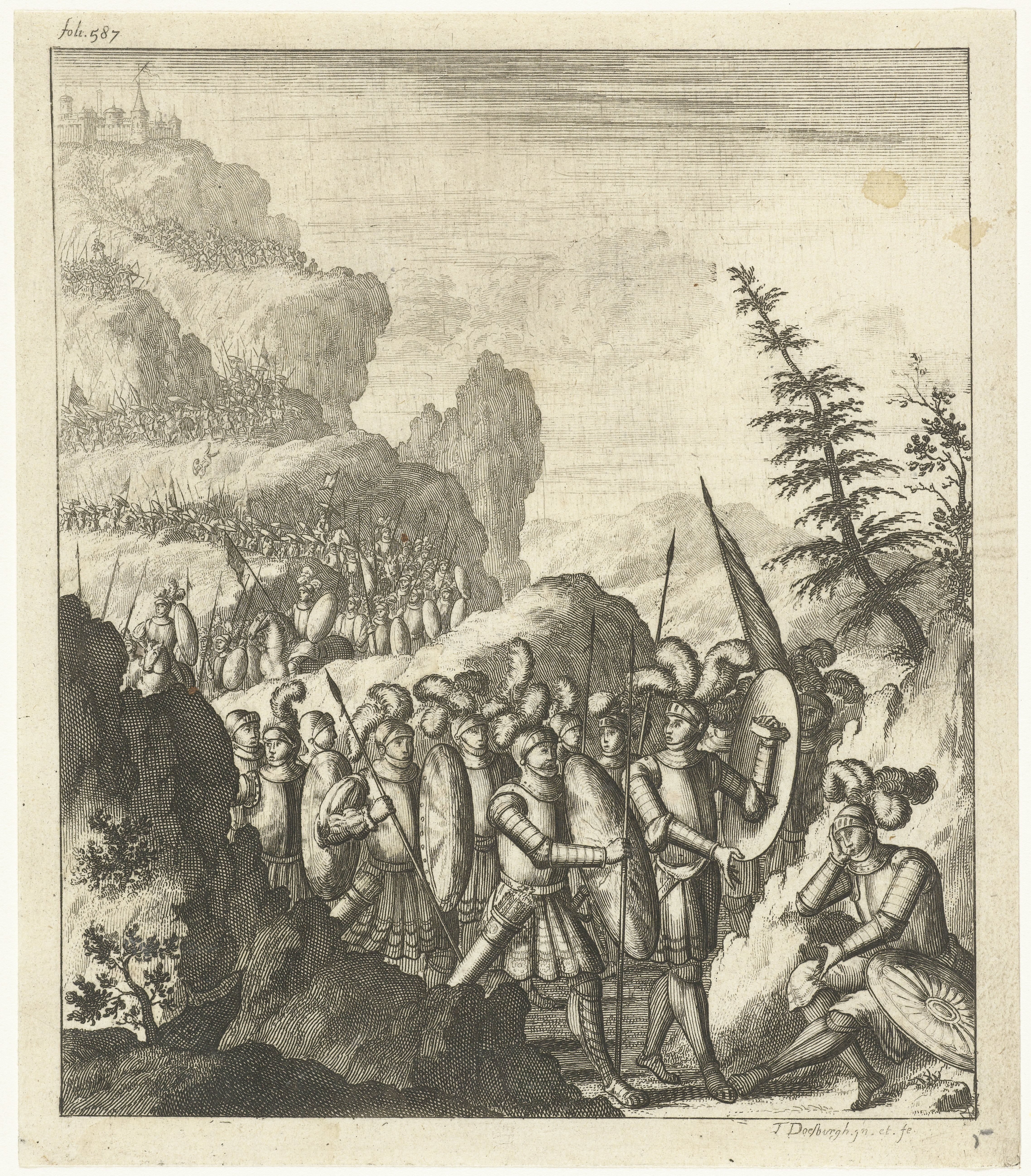 Leger trekt bergafwaarts in rotsachtig landschap