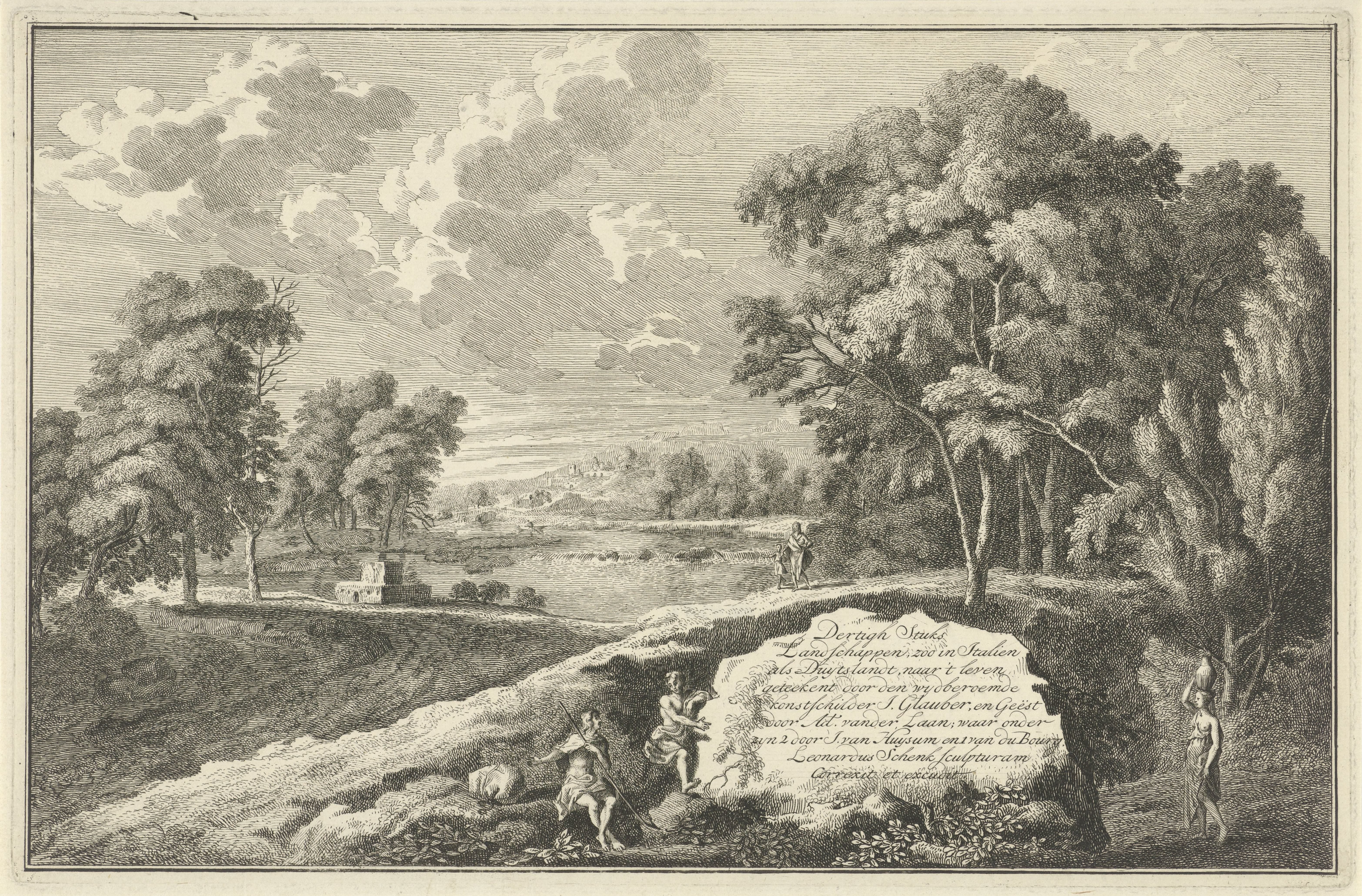 Arcadisch rivierlandschap met vrouw en kind