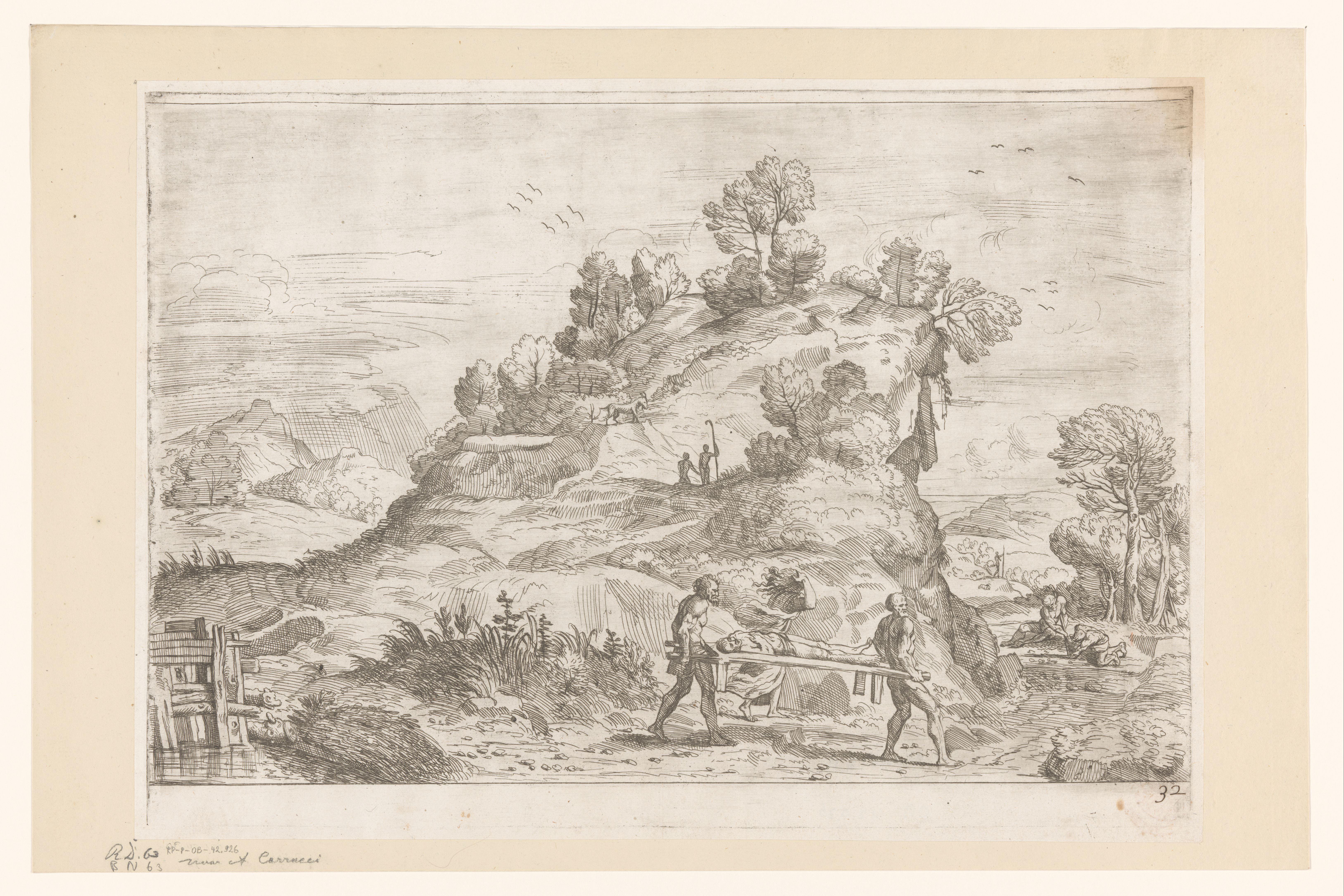 Berglandschap met dode man op een brancard
