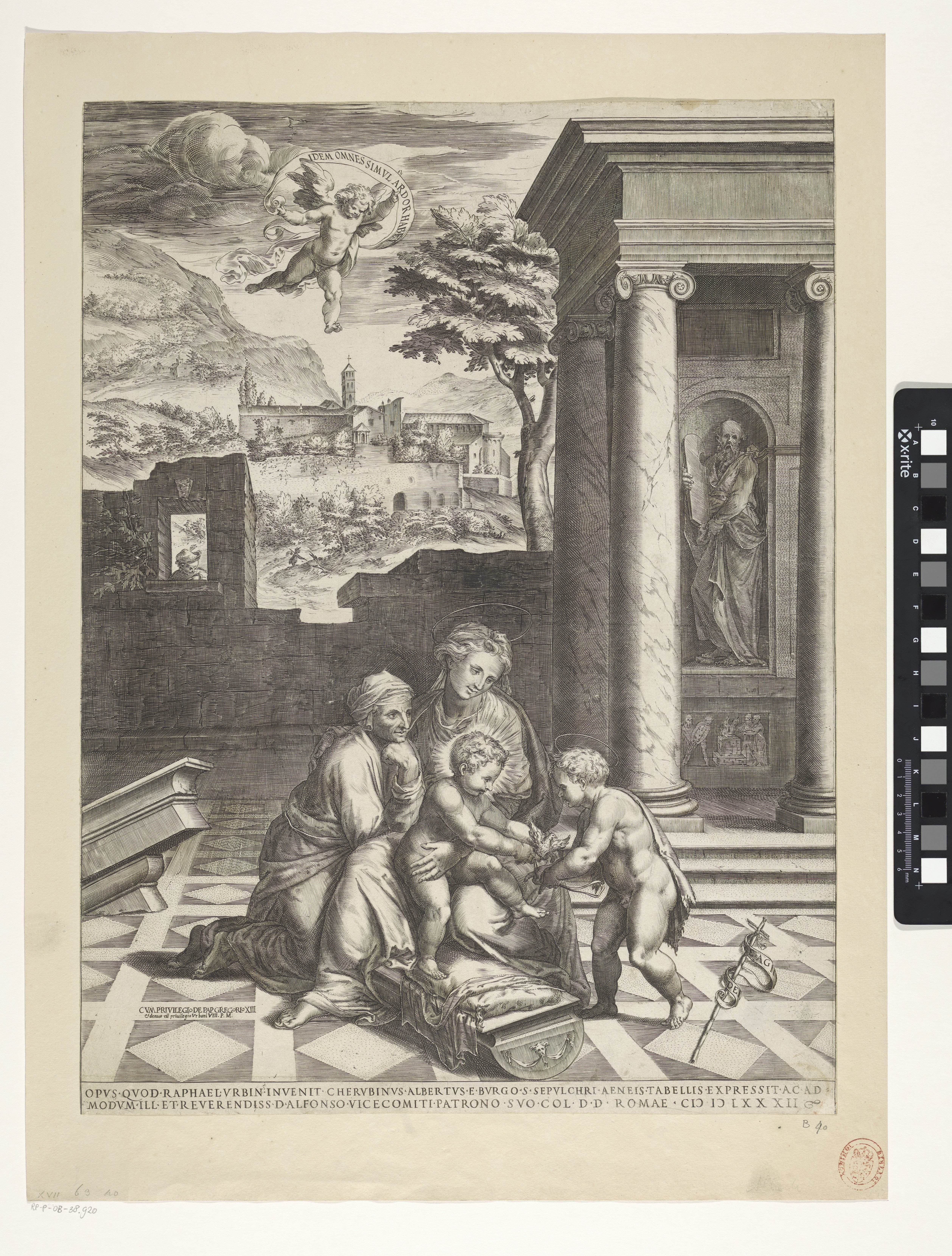 Maria met het Christuskind, Elisabet en de jonge Johannes de Doper op een binnenplaats
