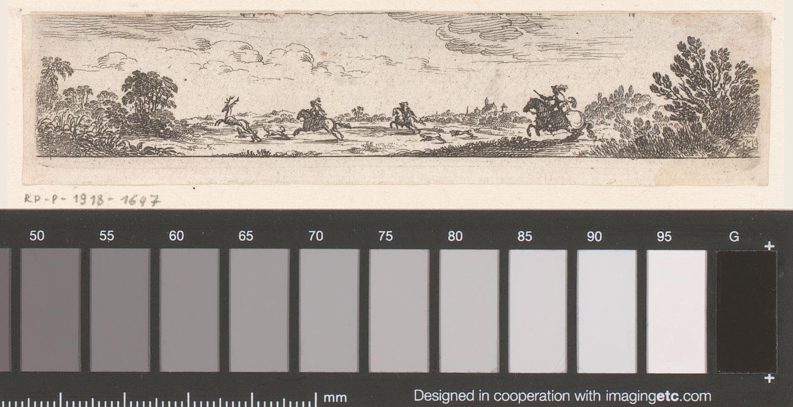 Vignet met jagers in een landschap