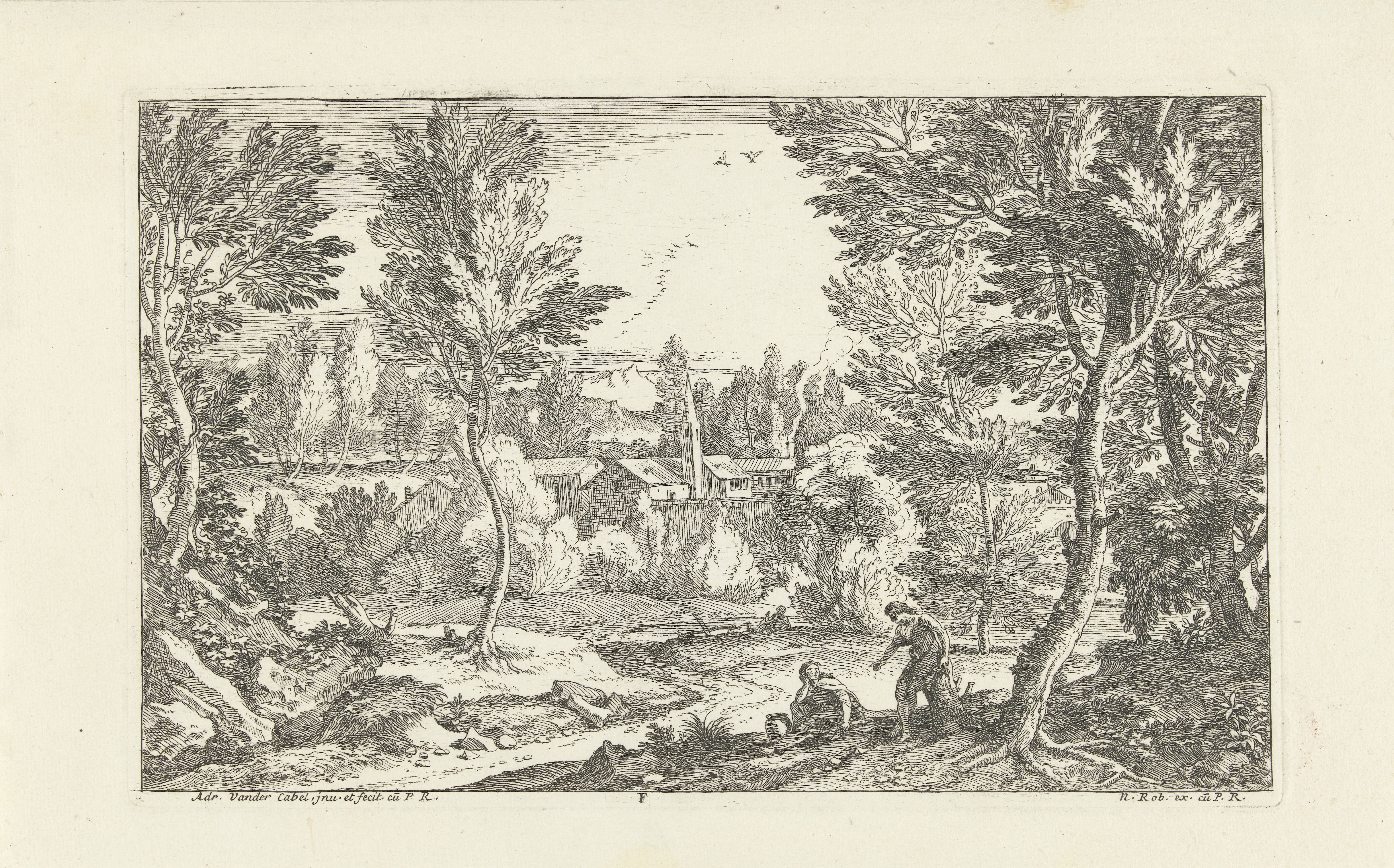 Landschap met man zittend op boomstronk