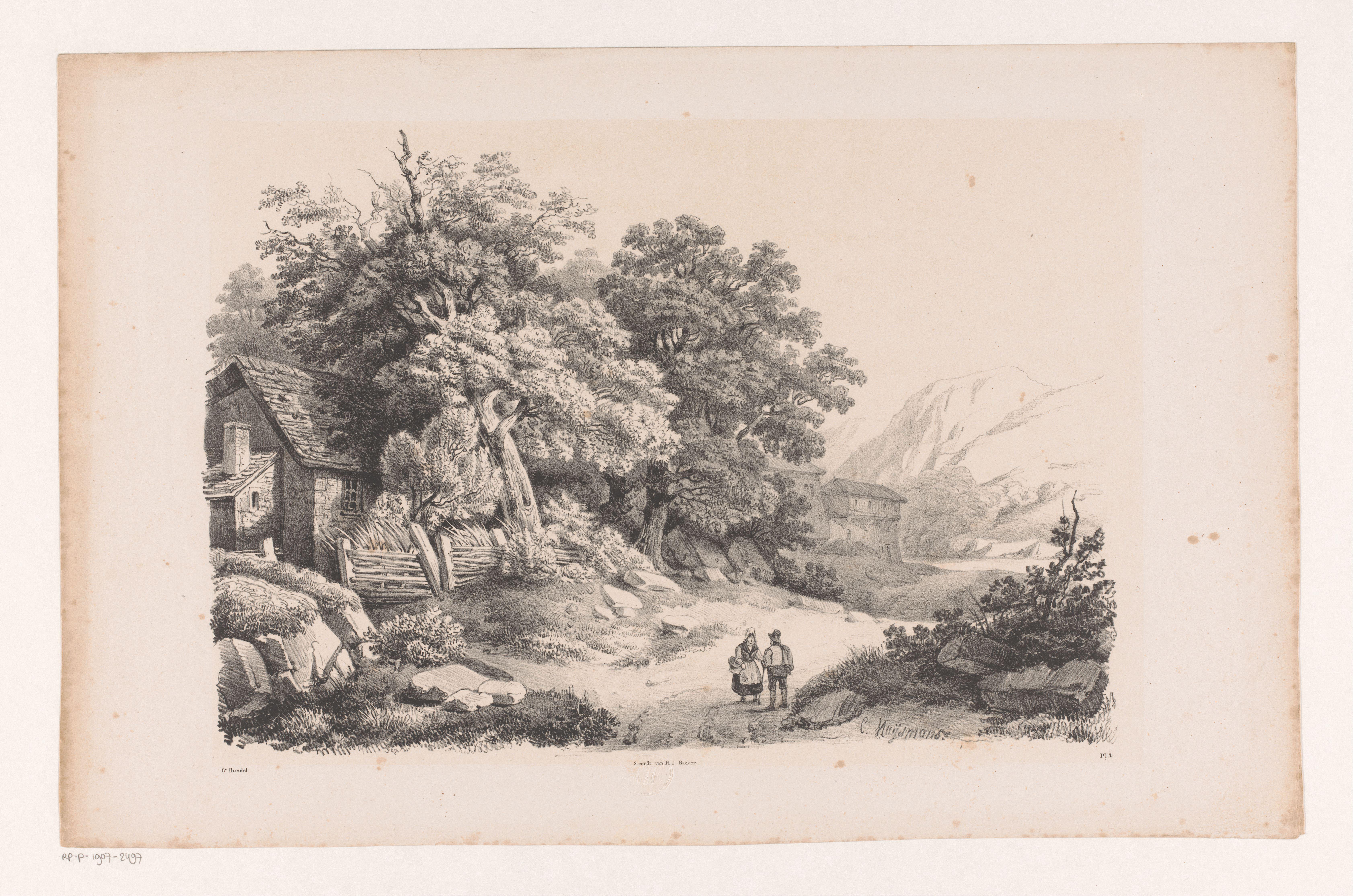 Landschap met twee figuren op een landweg