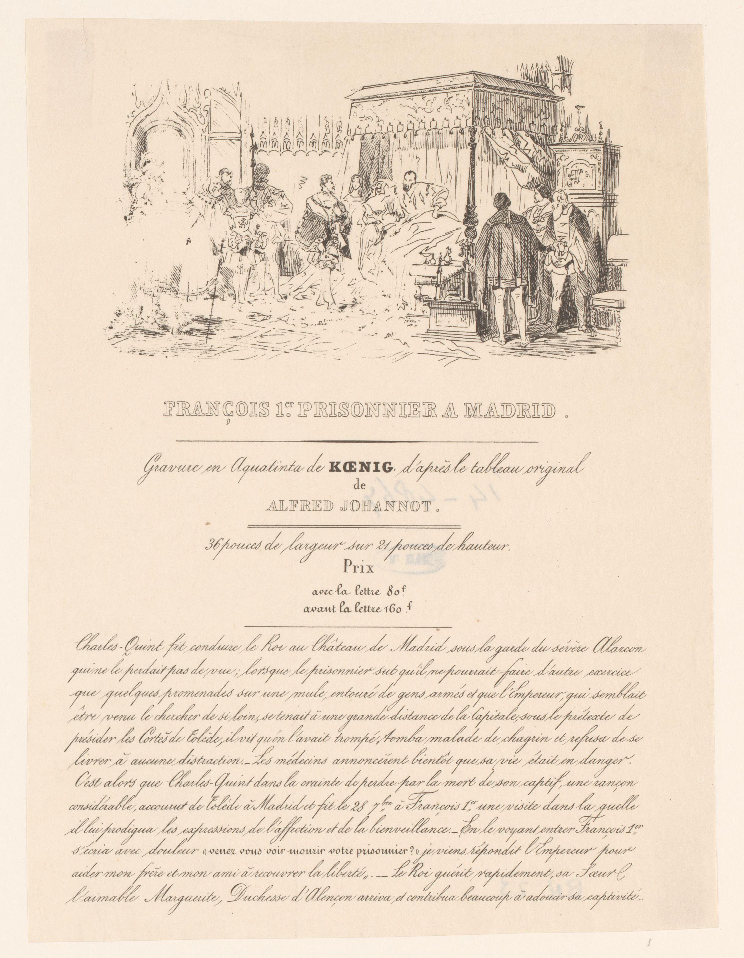 Aankondiging van prent met Frans I van Frankrijk als gevangene in Madrid