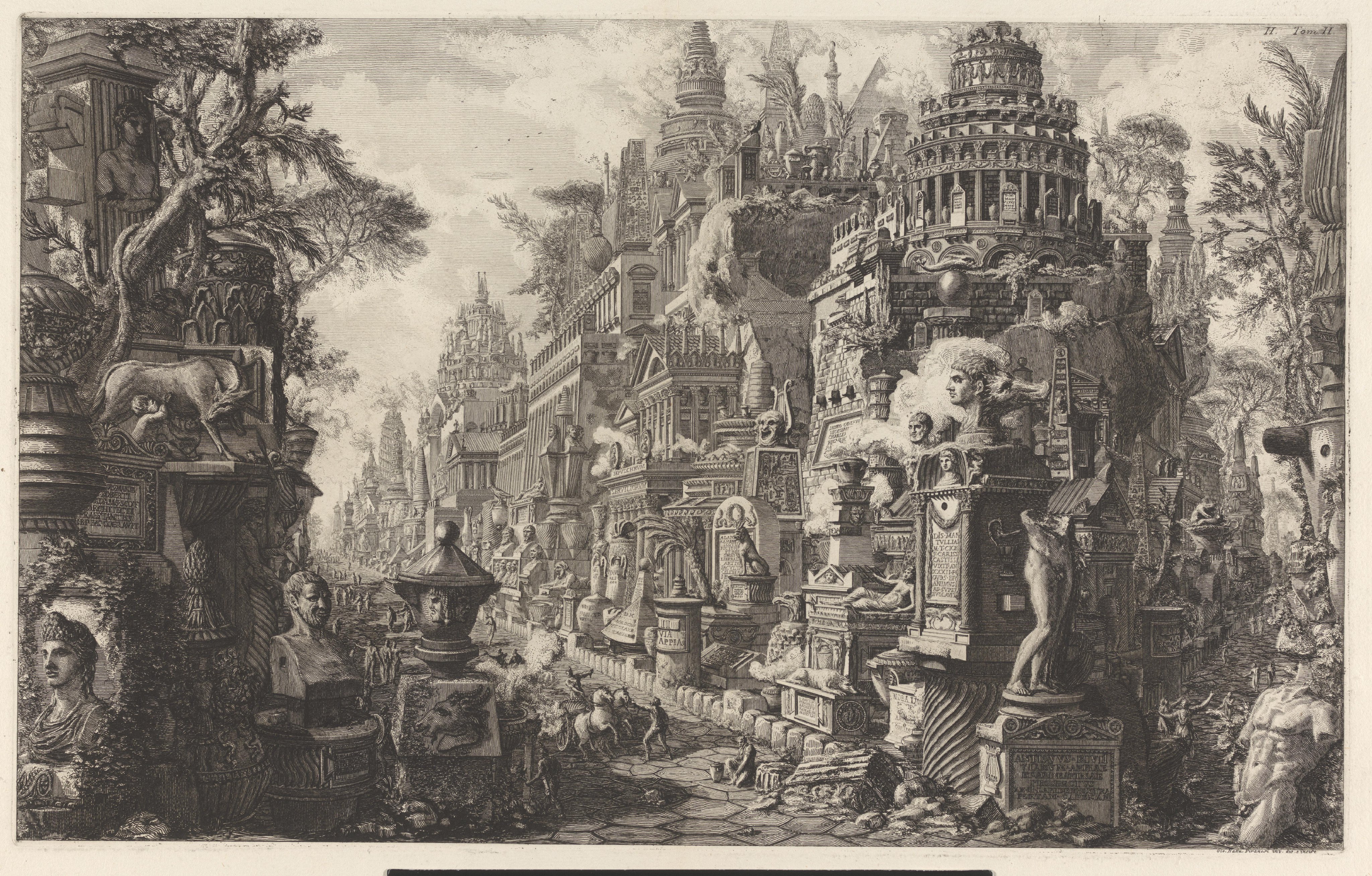 Frontispice met een fantasievoorstelling van de Via Appia Antica