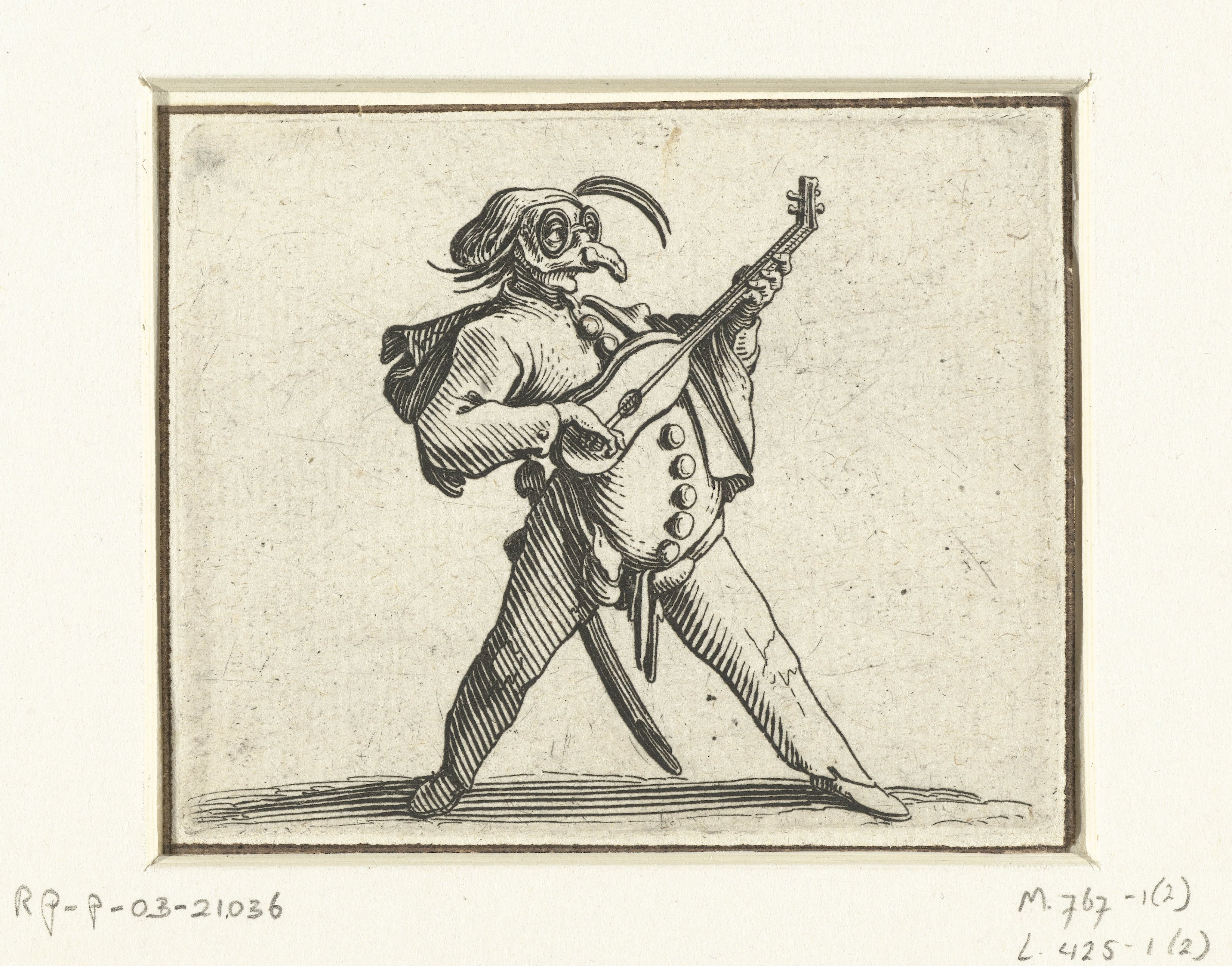 Commedia dell'arte-figuur met gitaar, zwaard en masker