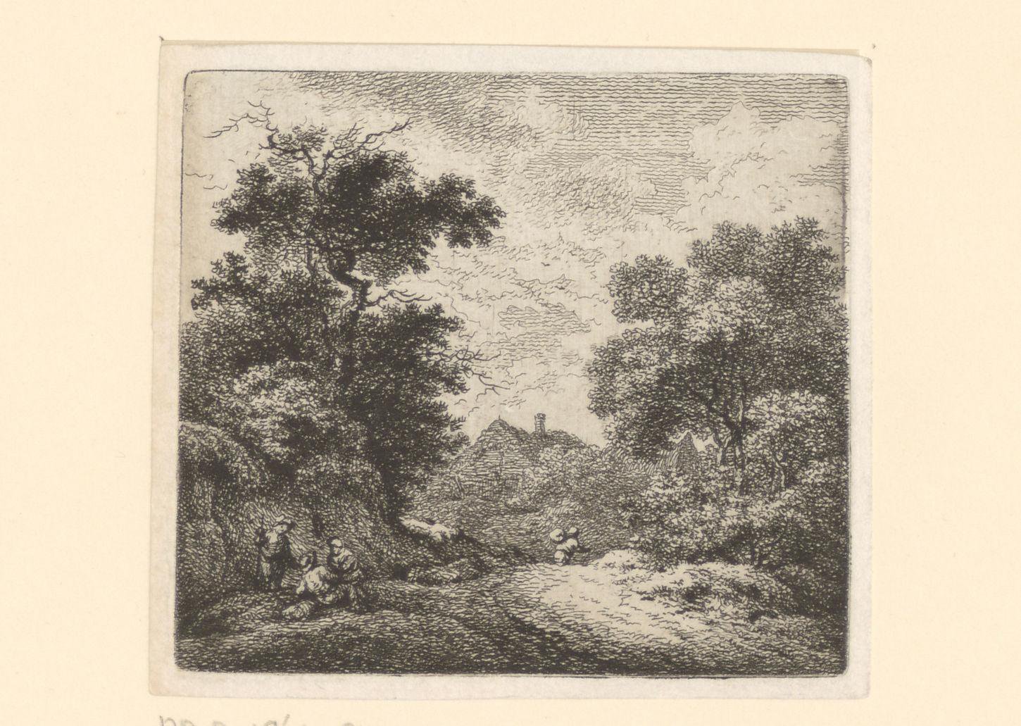 Landschap met landweg en rustende figuren