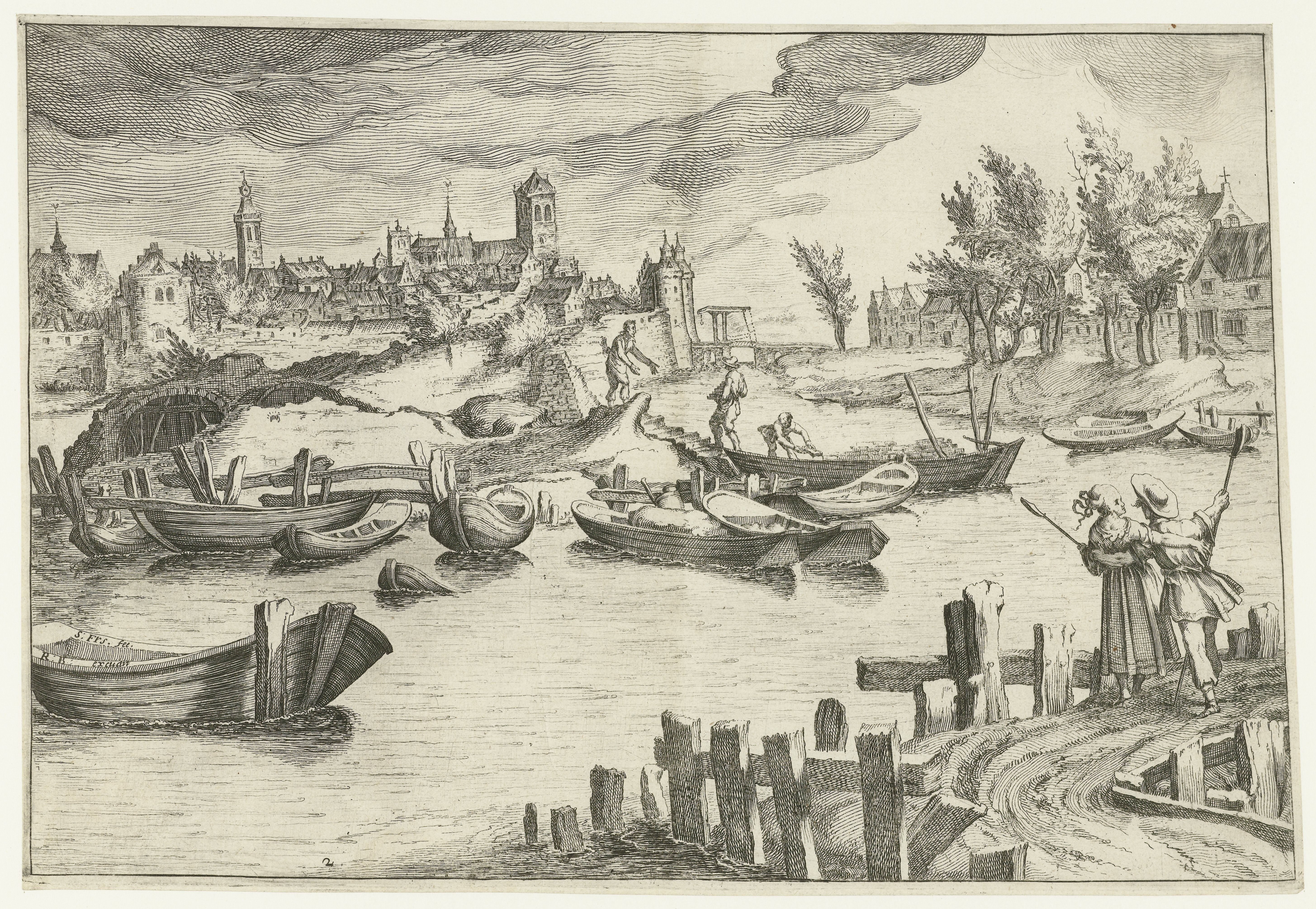 Rivierlandschap met een stad op de achtergrond