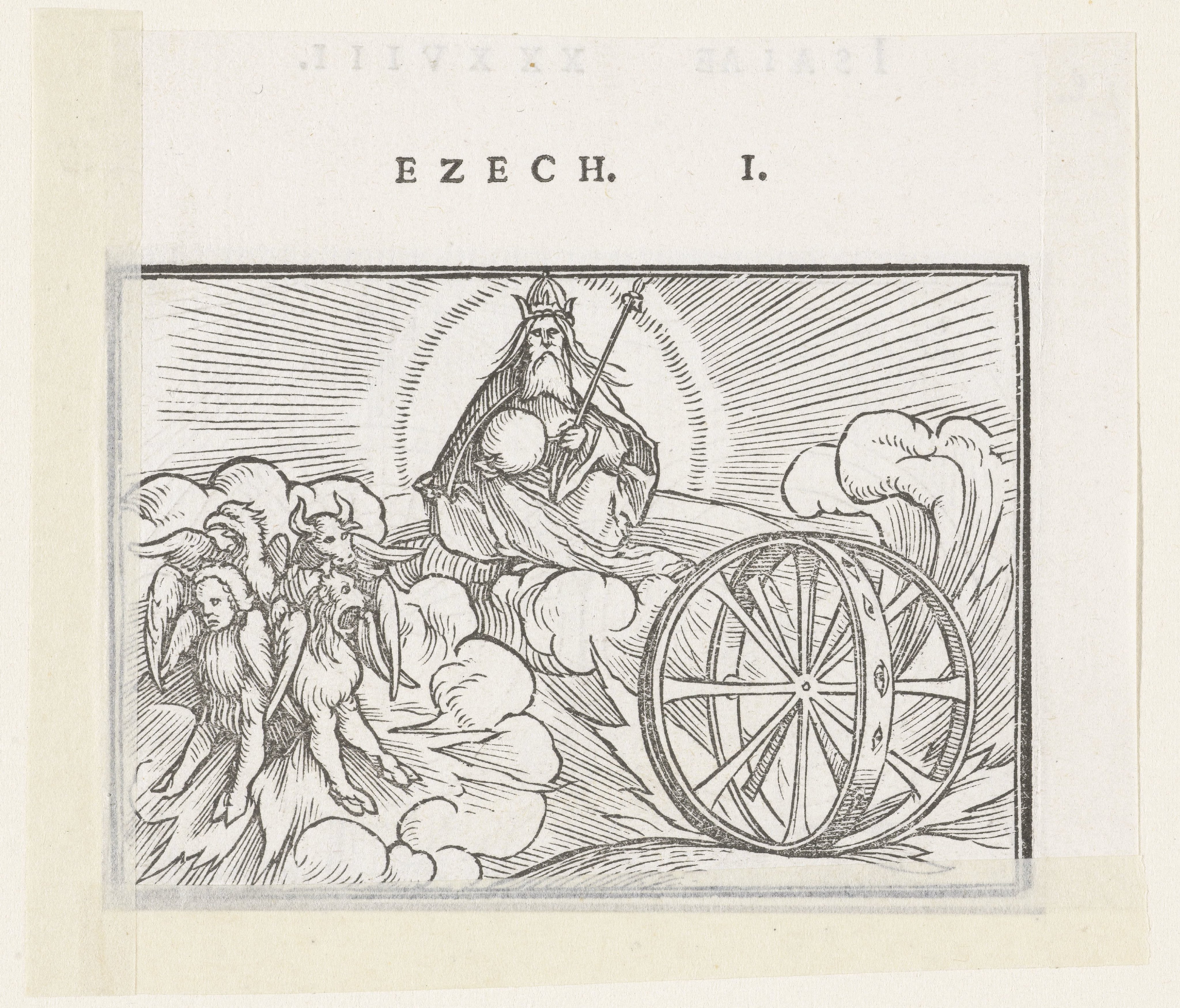 Visioen van Ezechiël met God en symbolen van vier evangelisten