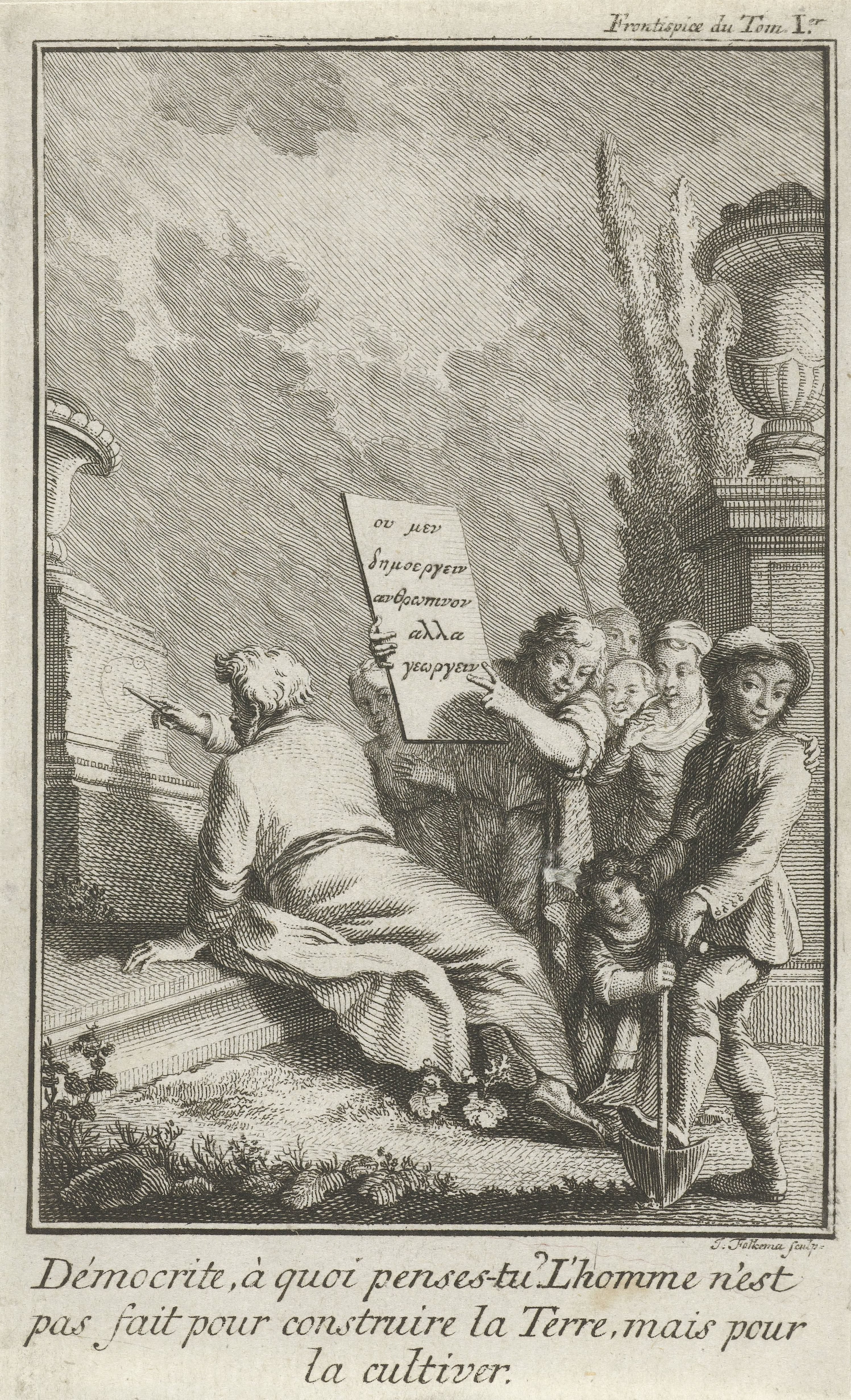 Democritus kerft een wiskundig model in een sokkel