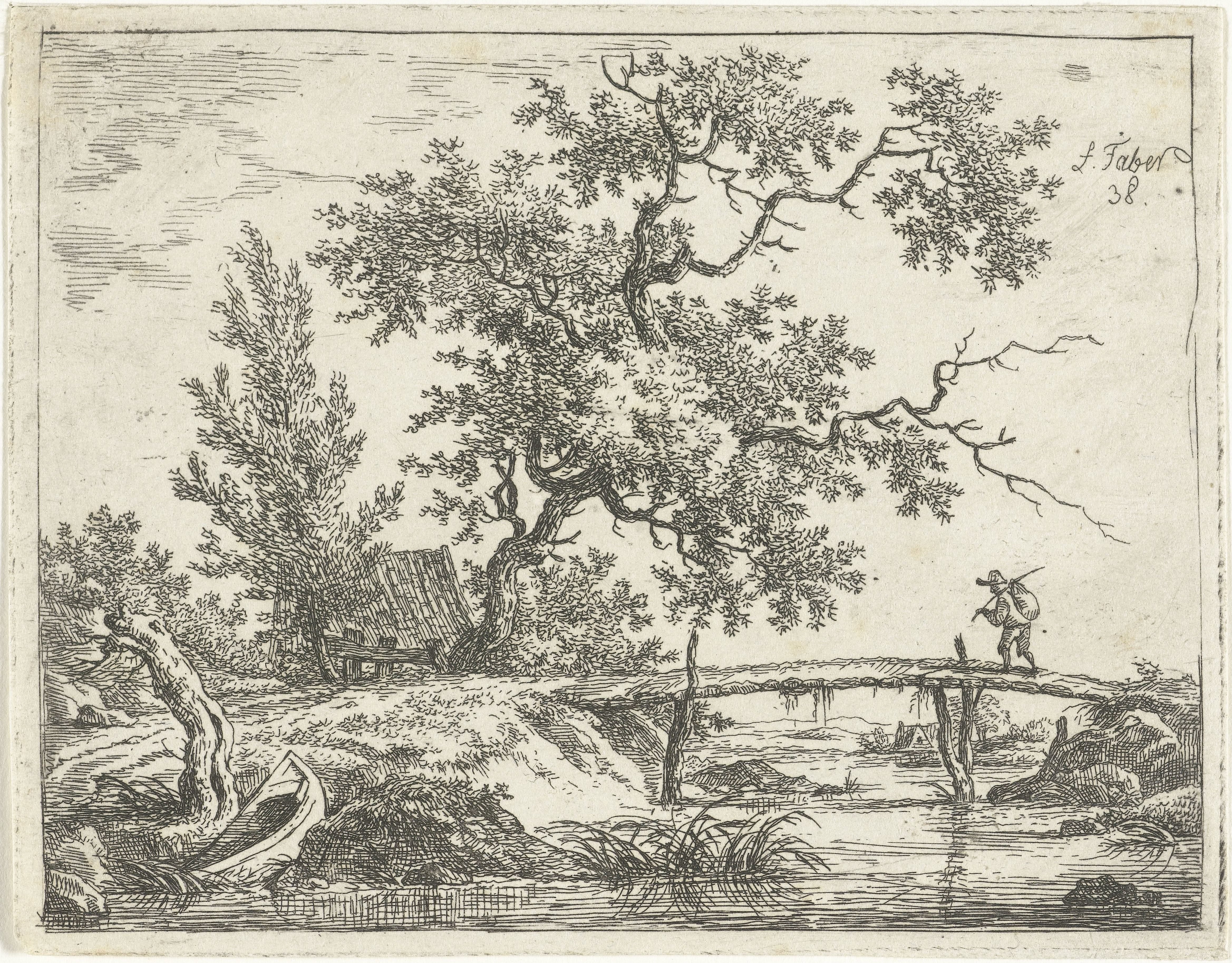 Landschap met man op brug