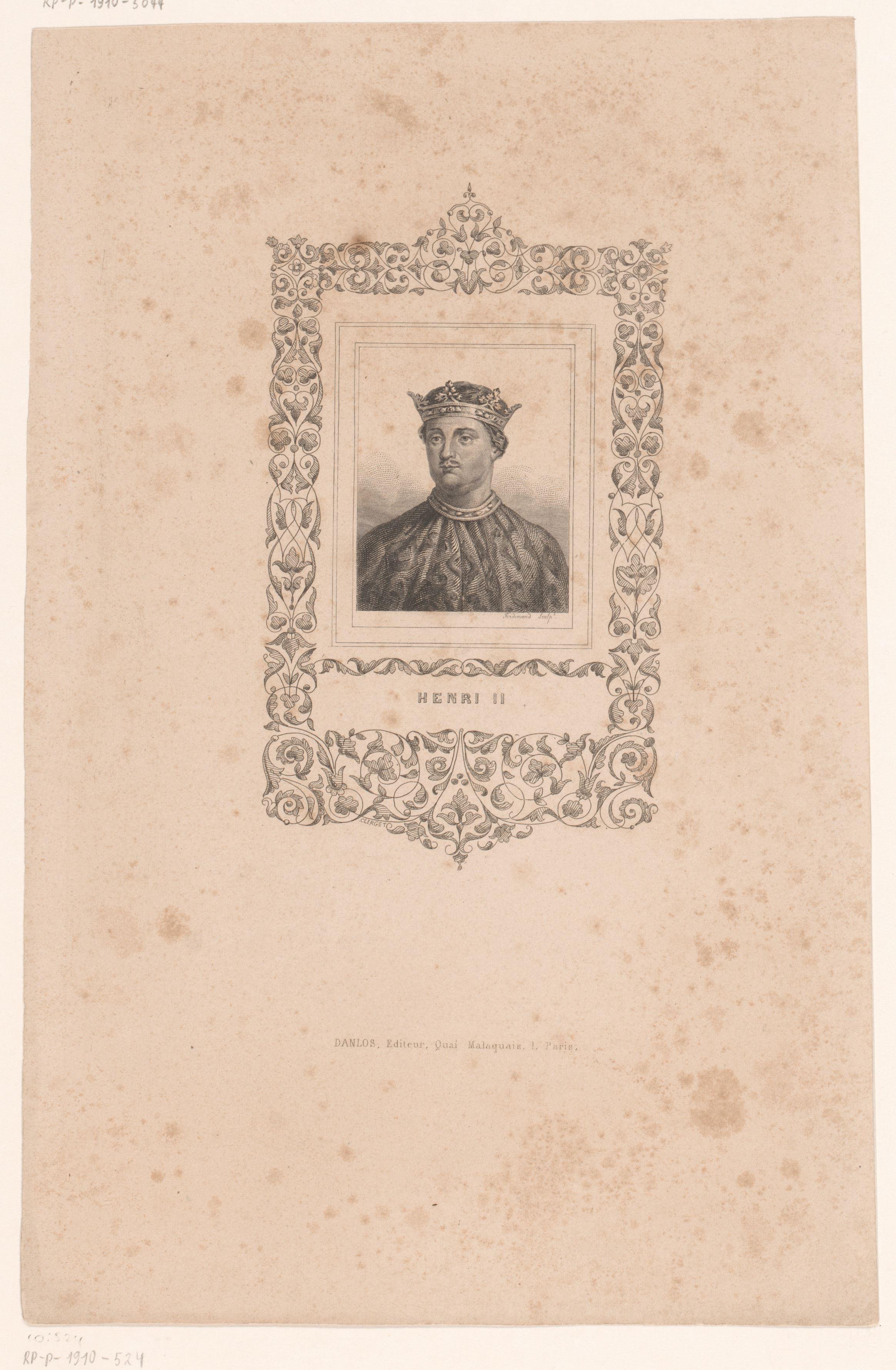 Portret van Hendrik II van Frankrijk in een versierde cartouche