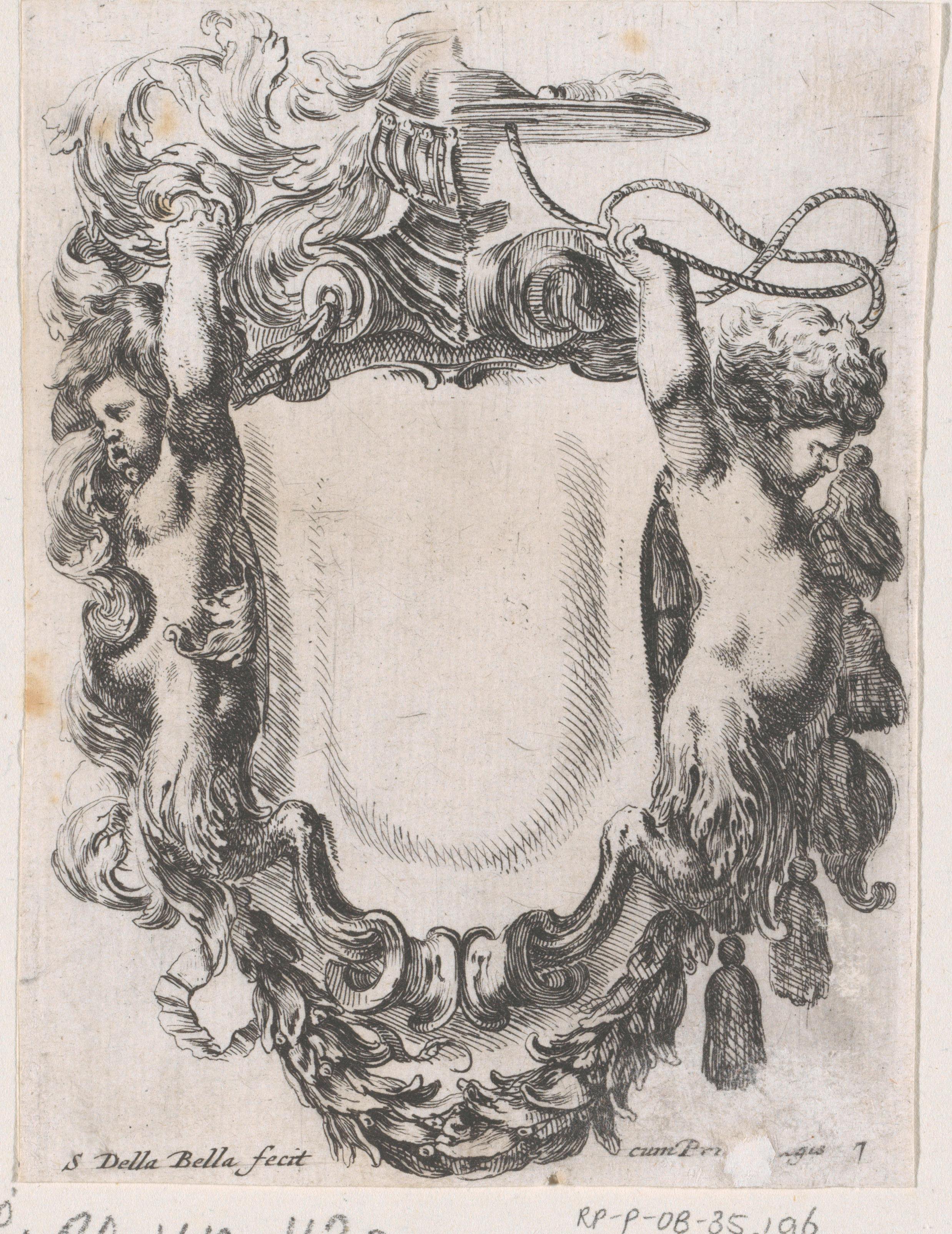 Cartouche met twee jonge saters, een halve kardinaalshoed en een halve helm
