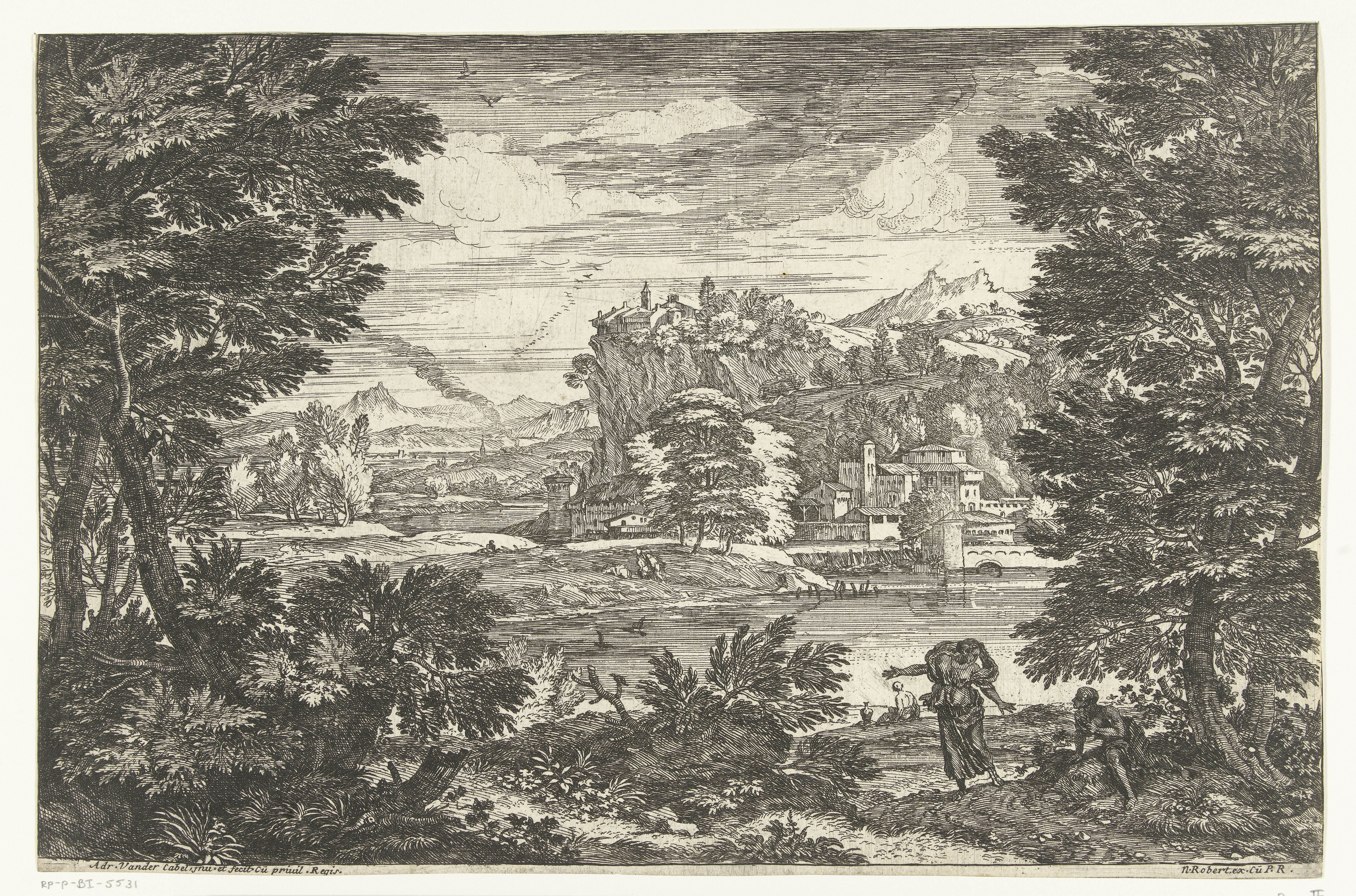Landschap met man zittend onder boom