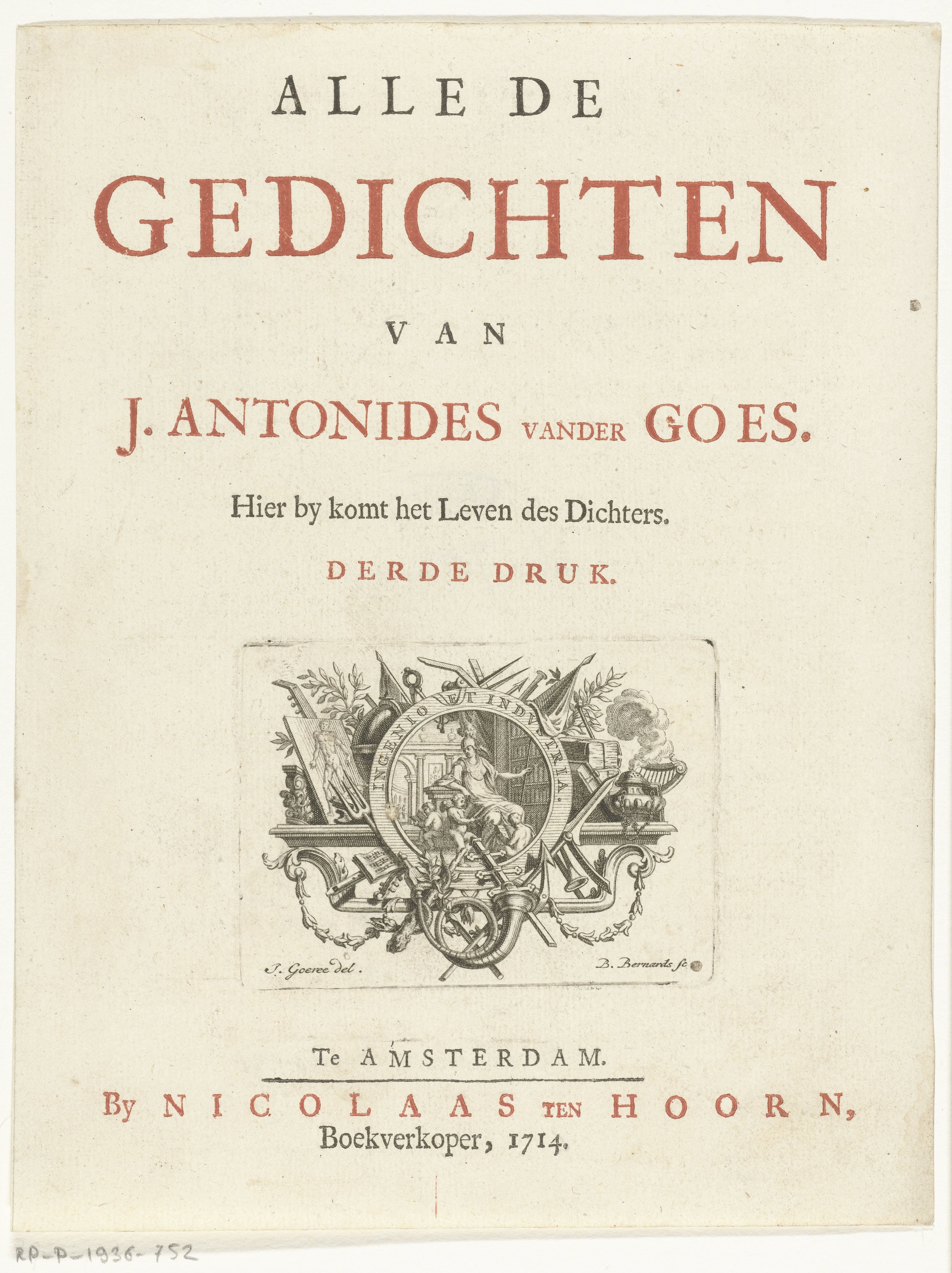 Titelpagina voor "Alle de Gedichten van J. Antonides van der Goes". Amsterdam, 1714
