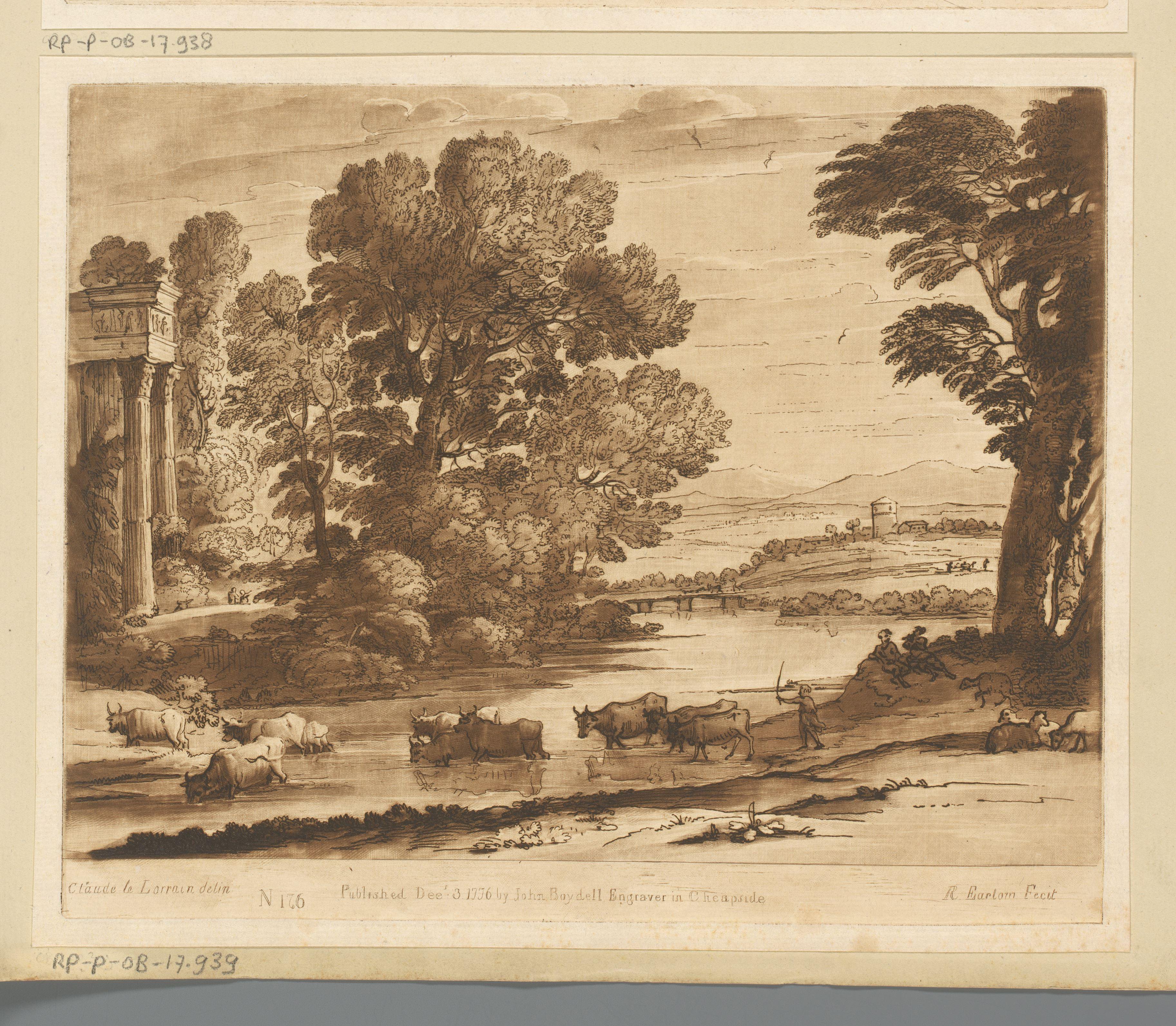 Landschap met ruïne en vee dat een rivier oversteekt