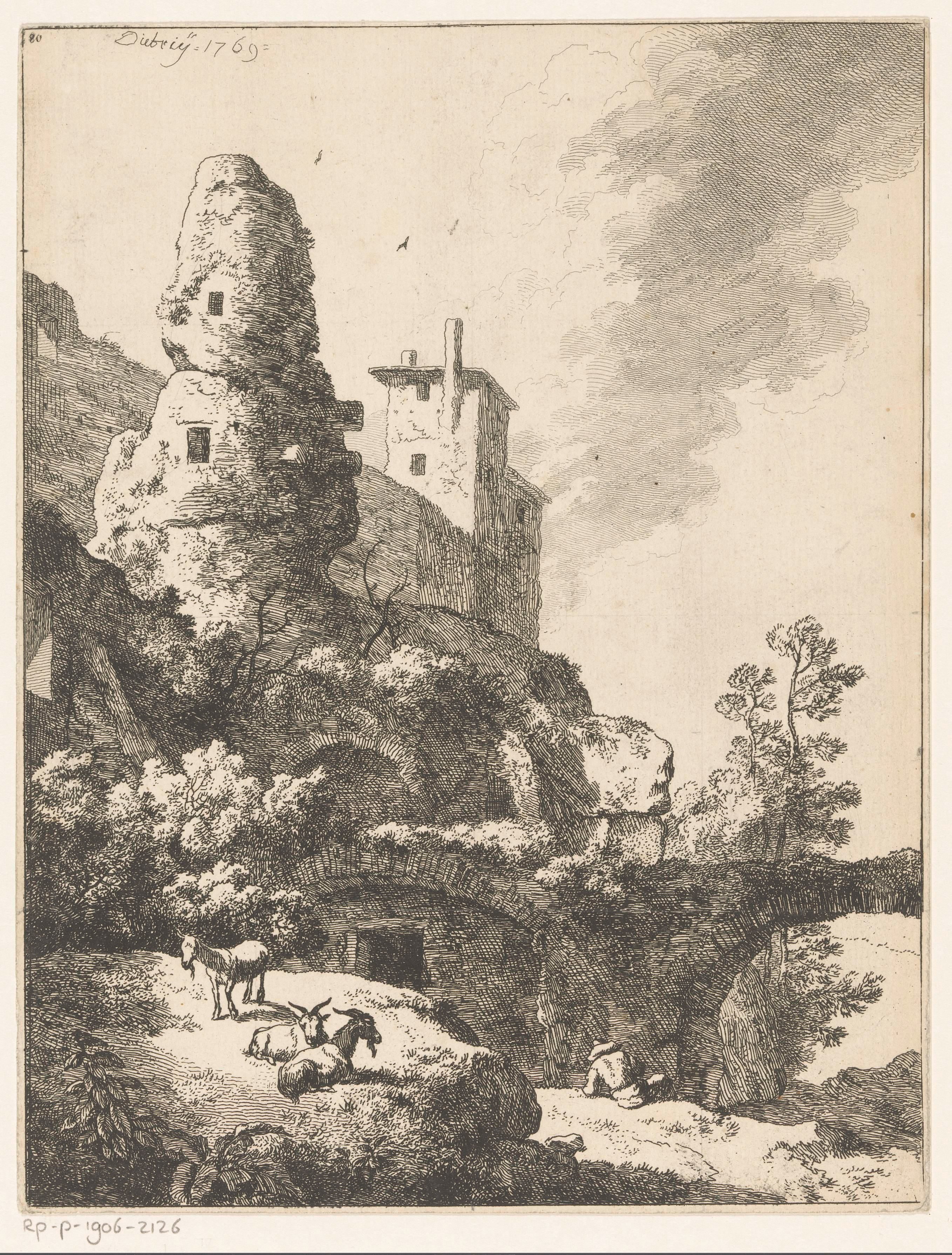 Landschap met ruïnes, aan de voet rust een herder met zijn kudde