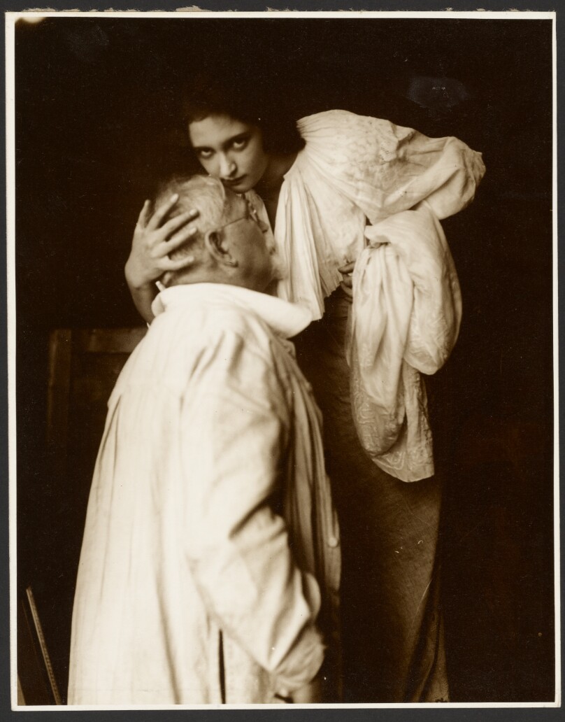 [Alphonse Mucha in Costume with Daughter Jaroslava as a Model for the Poster, "De Forest Phonofilm" the first "talkie" shown in the Bio Adria cinema (Prague), Zbiroh, Bohemia]