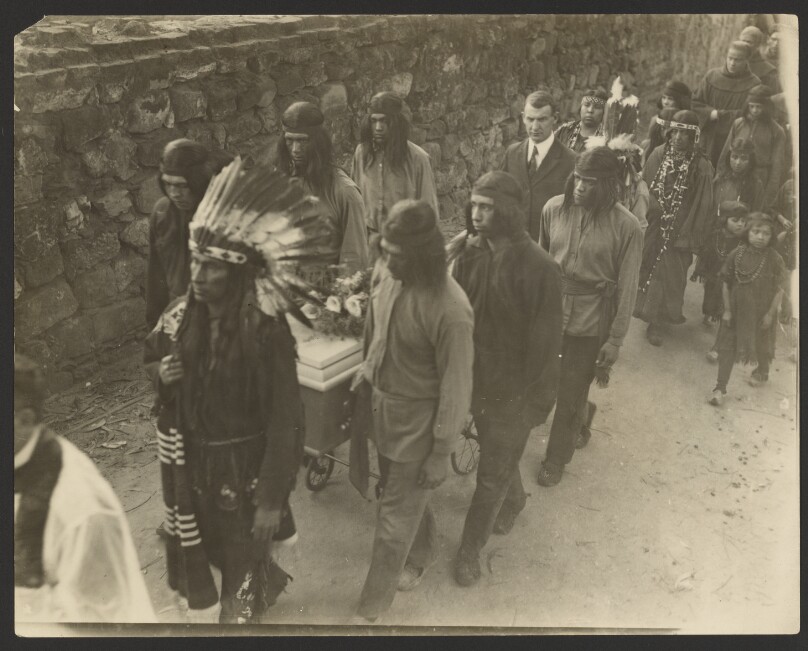 [Funeral cortege of Mission Indian Santo Juncio, leaving San Gabriel Mission]