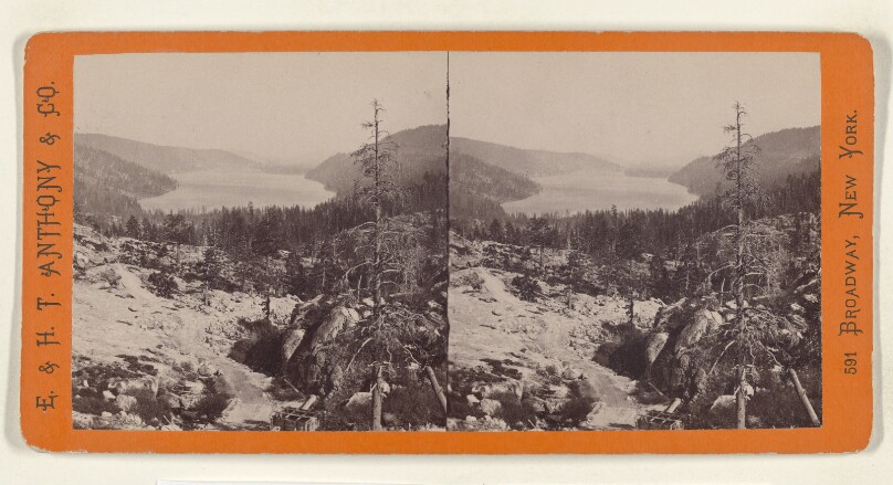 Donner Lake From the Summit of the Sierras. This Lake is the Gem in the Mountains. Central Pacific Rail Road.
