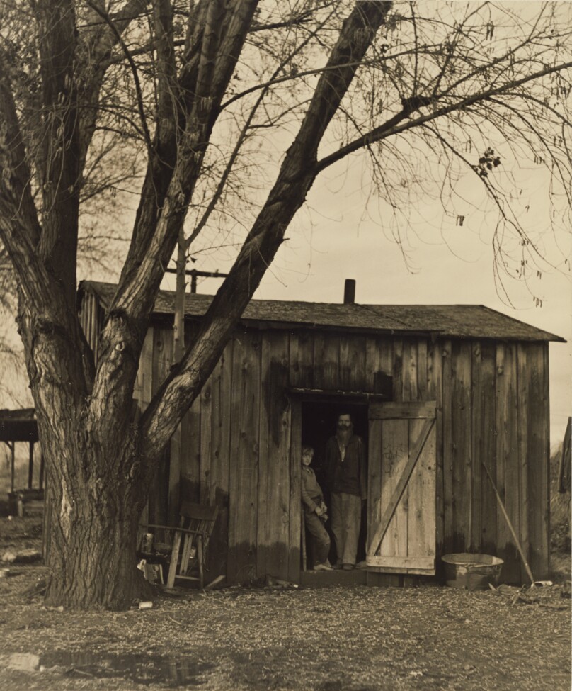 Man and Boy in Abandoned Chicken Coop, near Visalia, Tulare County, California