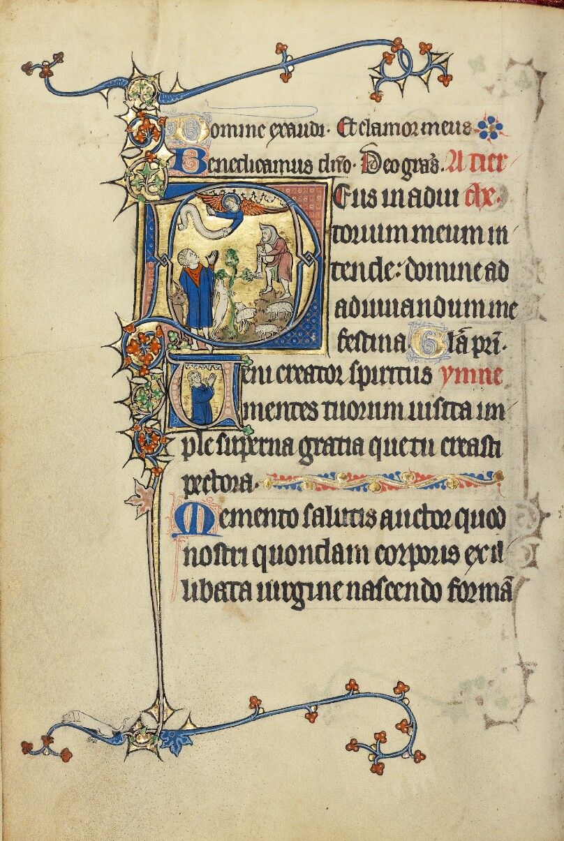 Initial D: The Annunciation to the Shepherds; Initial V: A Man in Prayer