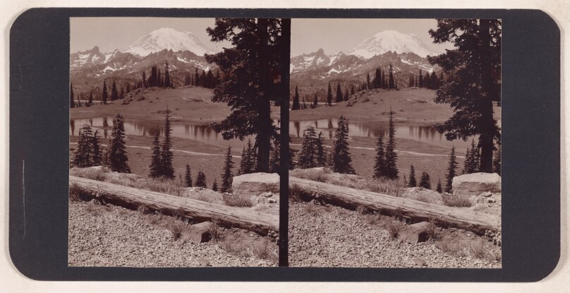[Snow-covered mountain with small lake and trees] (recto); [Unidentified mountain vista with pine trees and large rocks] (verso)