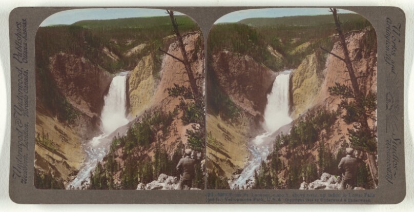 From Pt. Lookout, 1,200 ft. above rive, up canon to Lower Falls (308 ft.) Yellowstone Park, U.S.A.