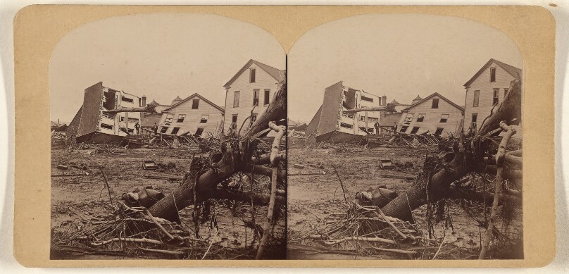 The Great Johnstown Flood, May 31, 1889. A rough scene down at the Point. A large tree crushed through the top of a dwelling.